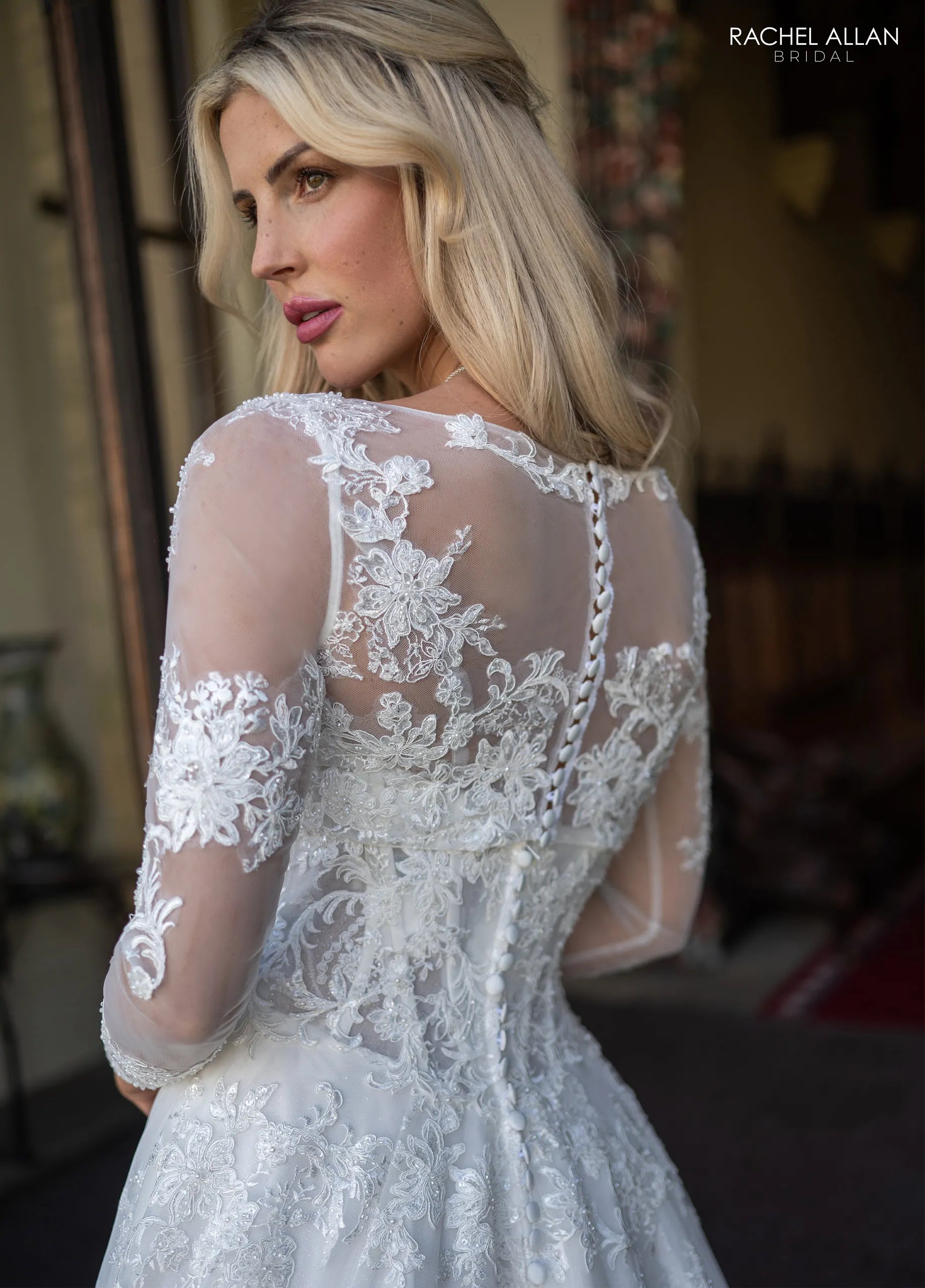 Ivory Illusion Long Sleeve Floor-Length Lace Wedding Dress with Corset Bodice Rachel Allan RB5132