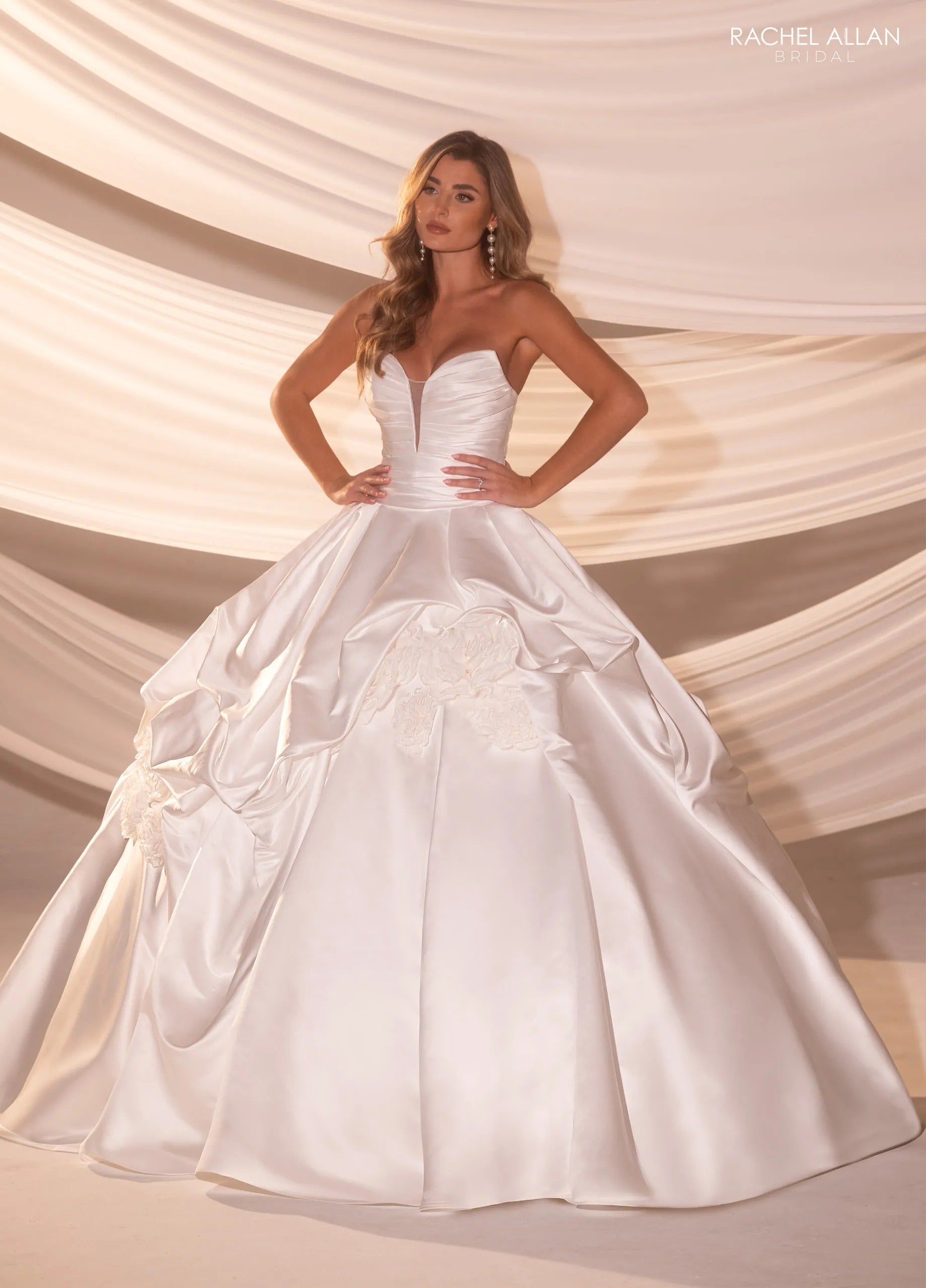 Ivory Nude Sweetheart Floor-Length Satin Wedding Ball Gown with Draped Skirt Rachel Allan RB5100