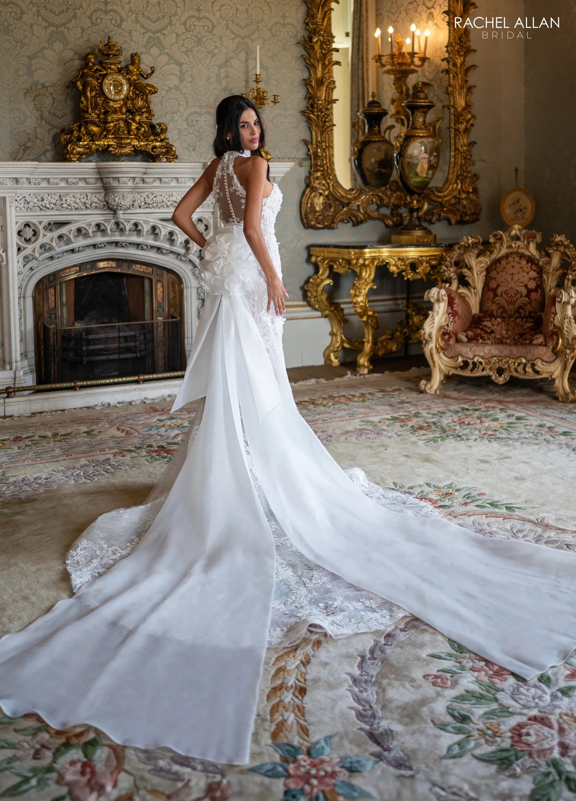 Ivory Nude Strapless Floor-Length Lace Wedding Dress with Overskirt Train Rachel Allan RB5125