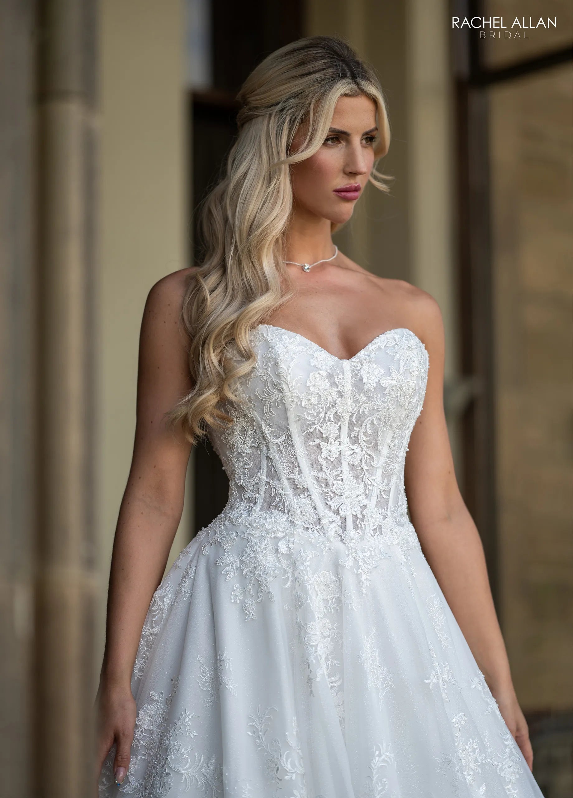 Ivory Illusion Long Sleeve Floor-Length Lace Wedding Dress with Corset Bodice Rachel Allan RB5132