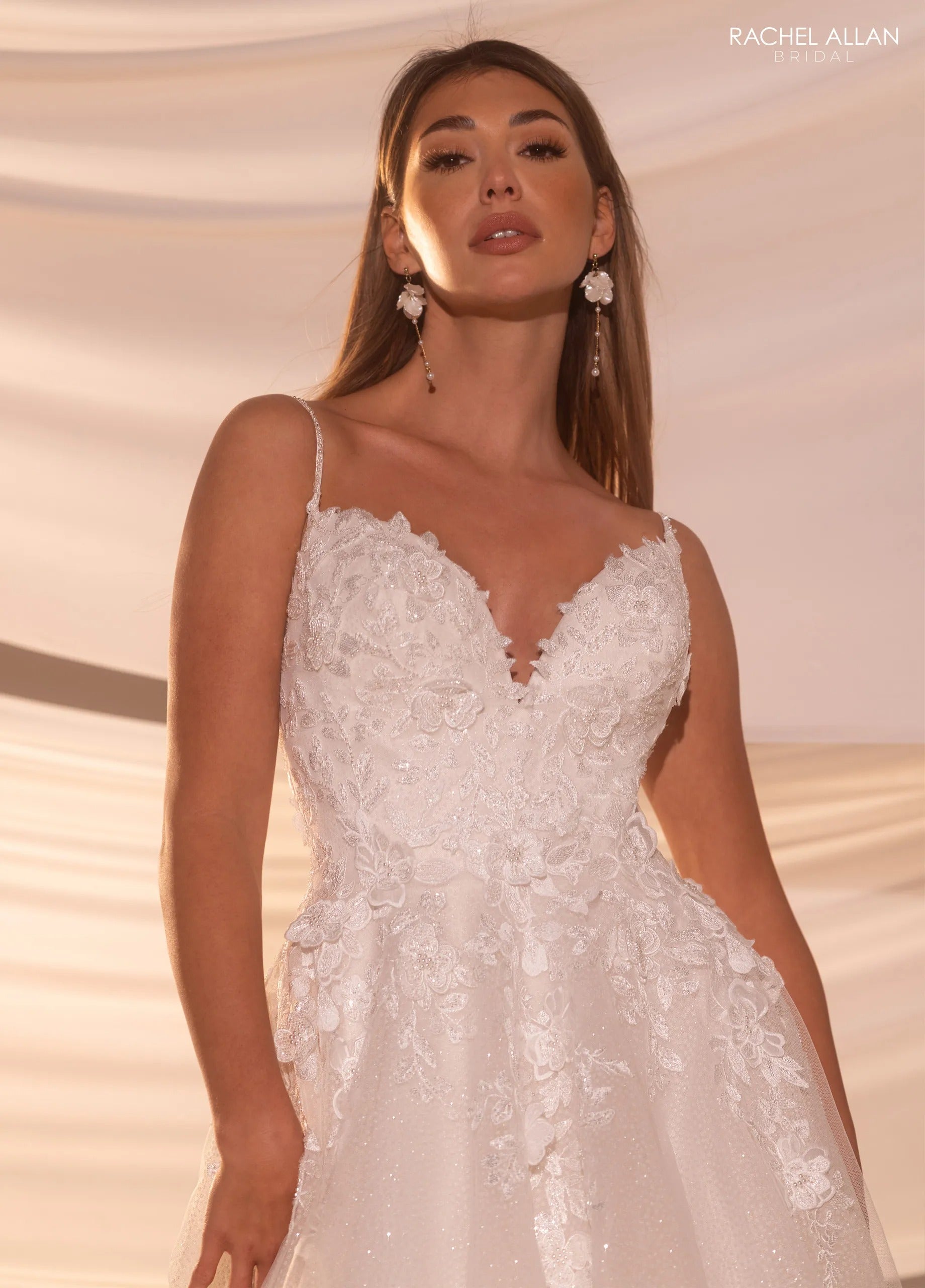 Ivory Nude V-Neck Floor-Length Tulle Wedding A-Line Gown with Lace Appliqué Rachel Allan RB5107