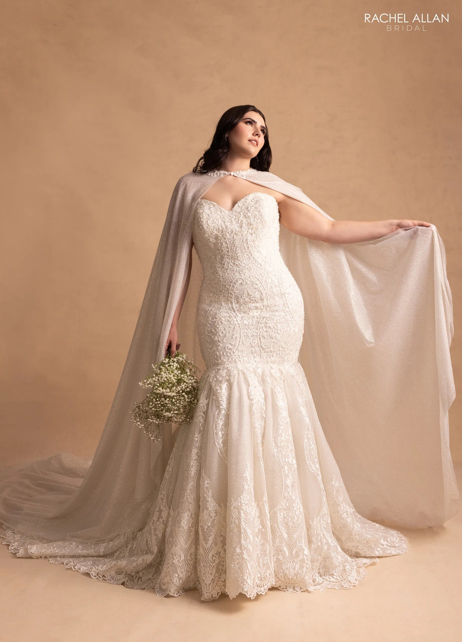 Ivory Sweetheart Floor-Length Lace Bridal Mermaid Gown with Cape Rachel Allan M781
