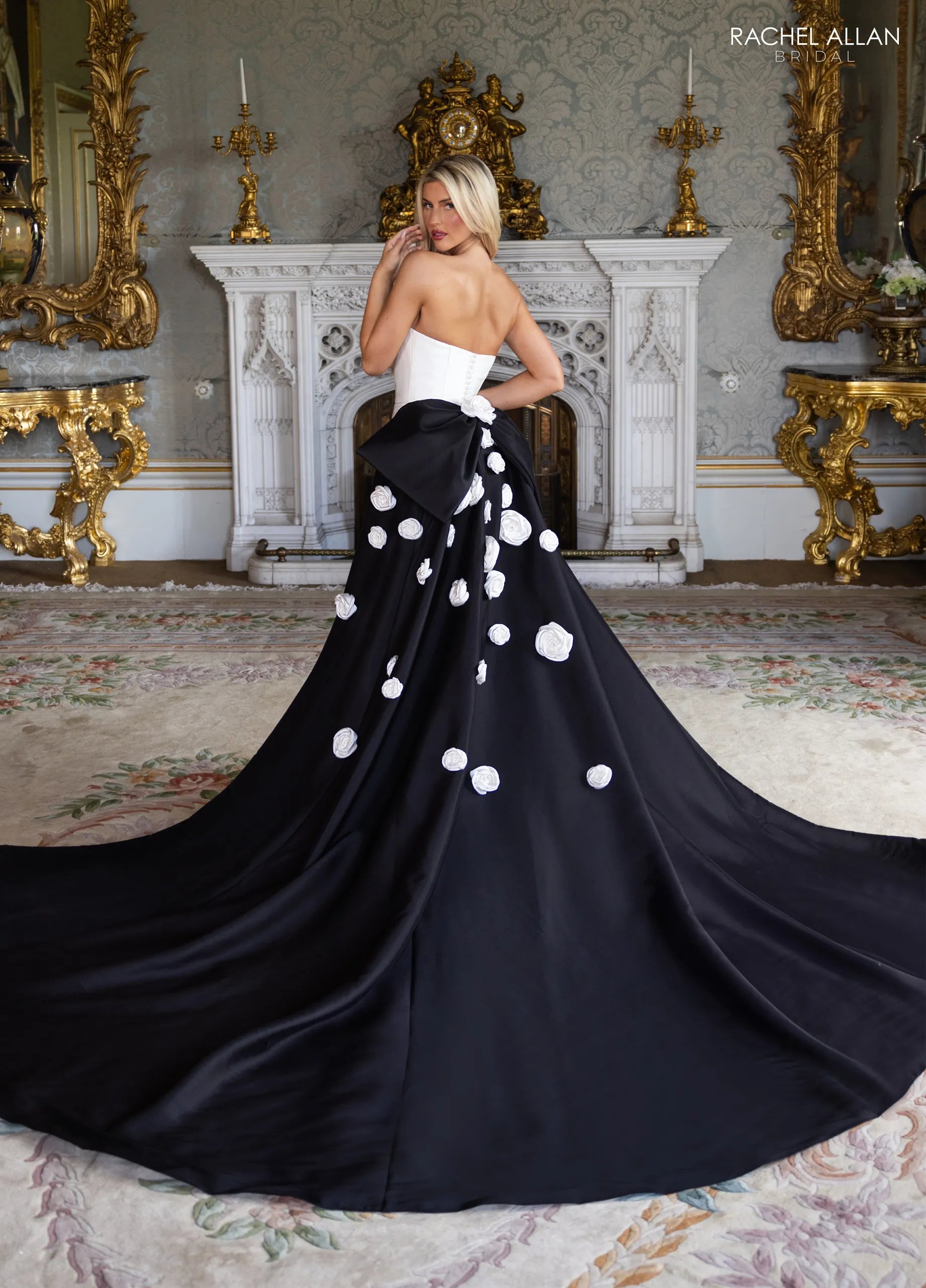 Ivory Black Sweetheart Strapless Floor-Length Satin Wedding Dress with Overskirt Ball Gown Rachel Allan RB5133