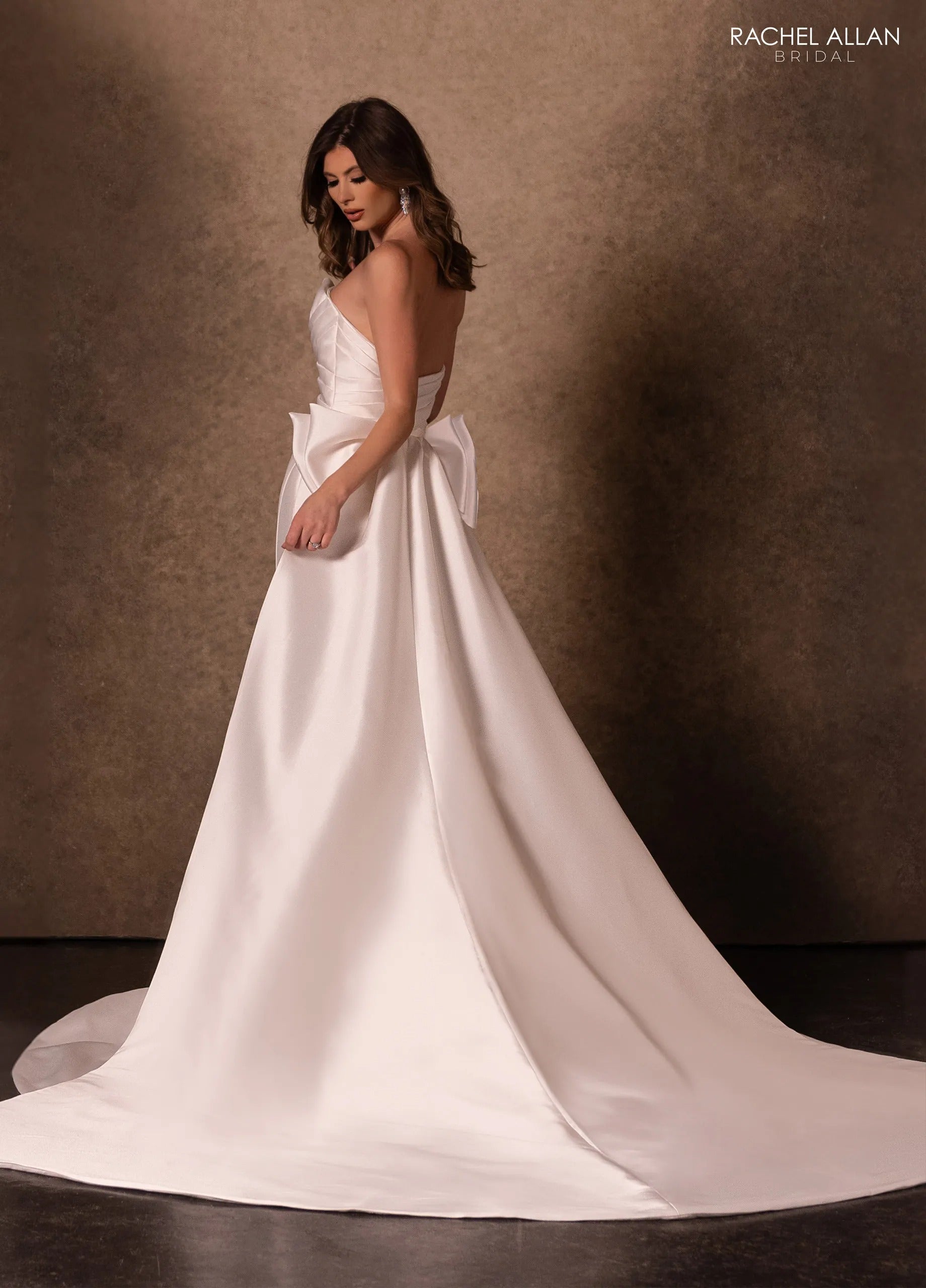 Ivory Light Rum Pink V-Neck Floor-Length Crepe Wedding Mermaid Gown with Draped Bodice Rachel Allan RB5106