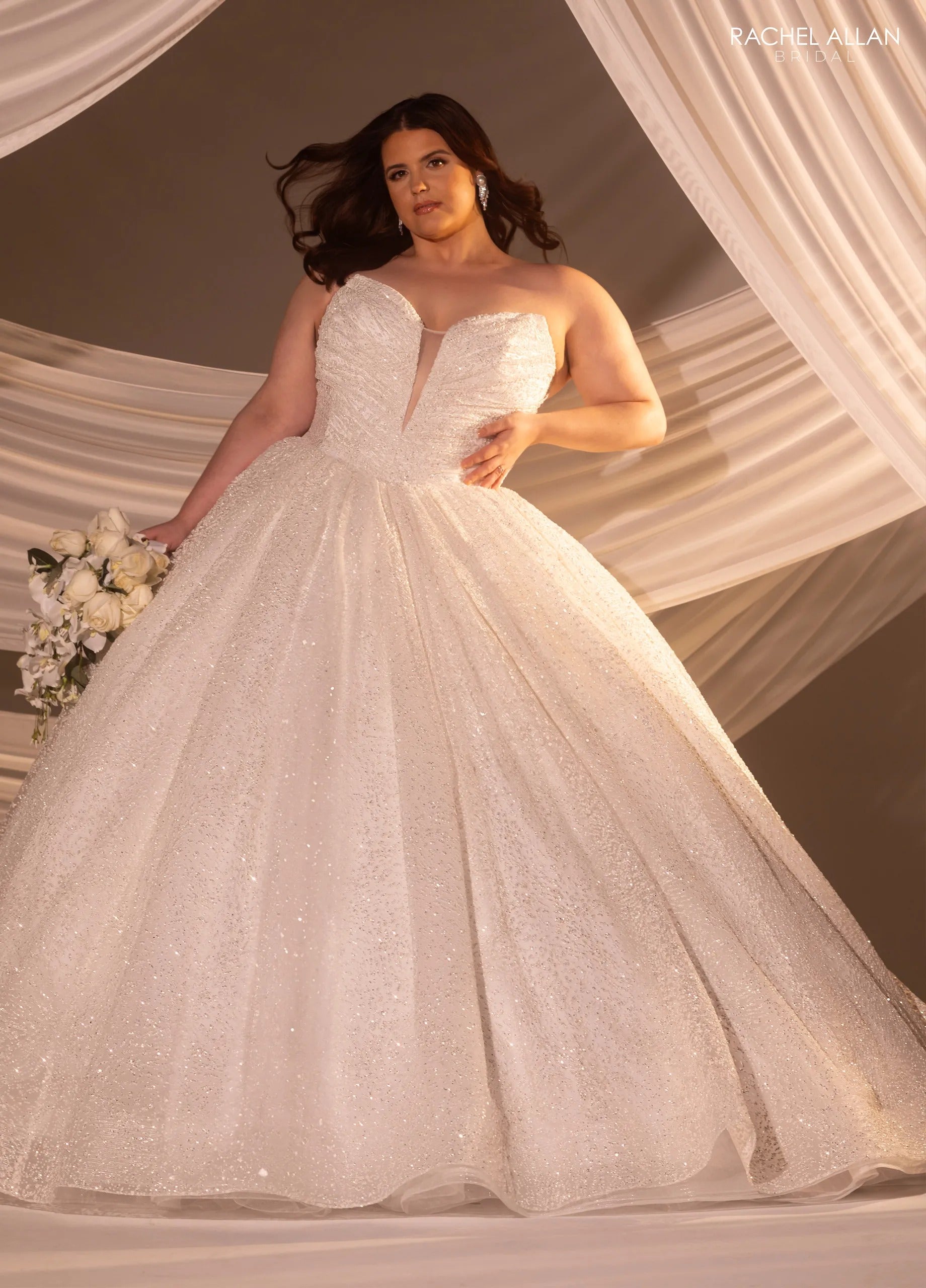 Ivory Nude Sweetheart Floor-Length Tulle Wedding Ball Gown with Detachable Puff Sleeves Rachel Allan RB5110