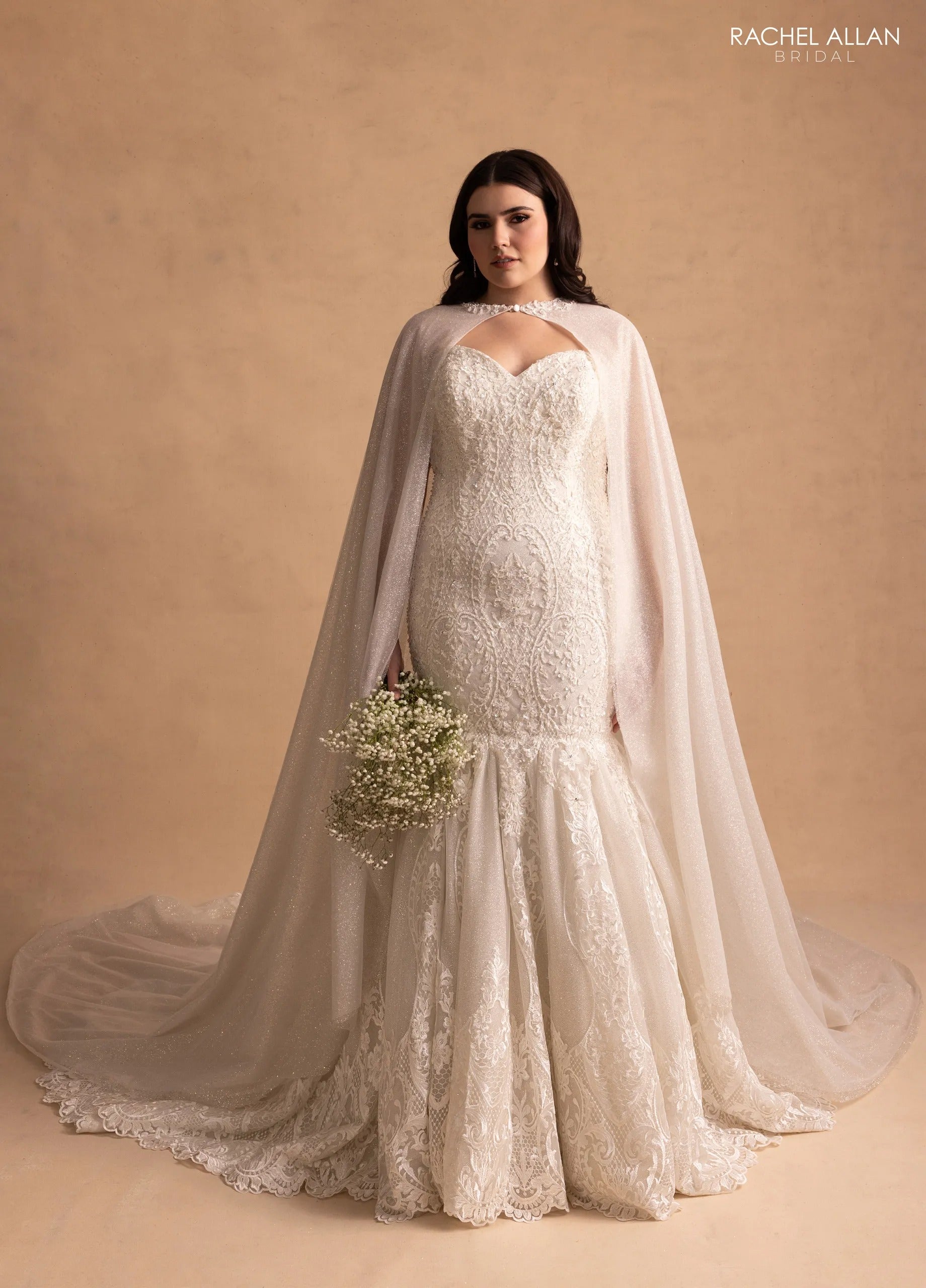 Ivory Sweetheart Floor-Length Lace Bridal Mermaid Gown with Cape Rachel Allan M781