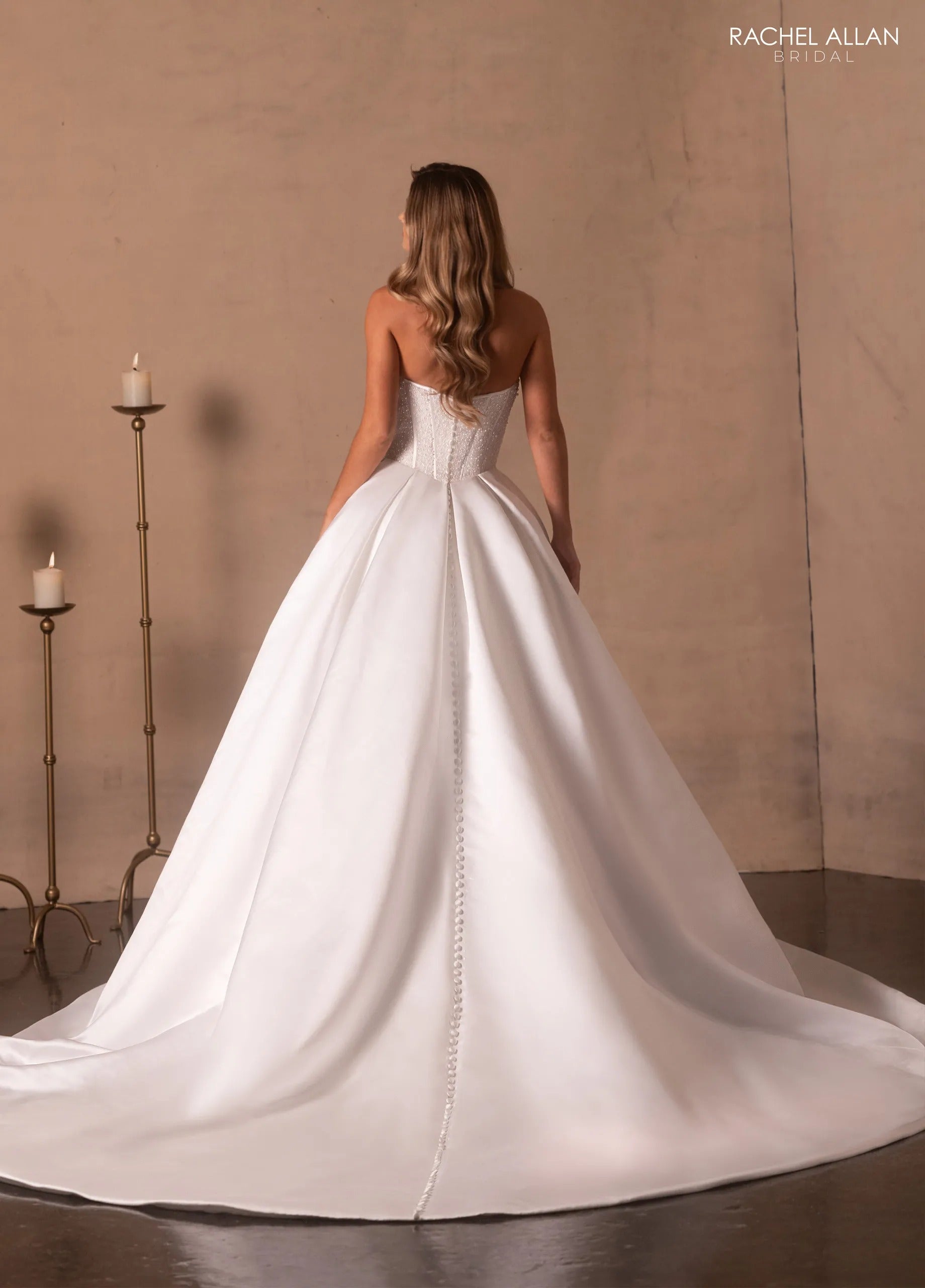 Ivory Sweetheart Floor-Length Satin Wedding Ball Gown with Beaded Corset Bodice Rachel Allan RB5104