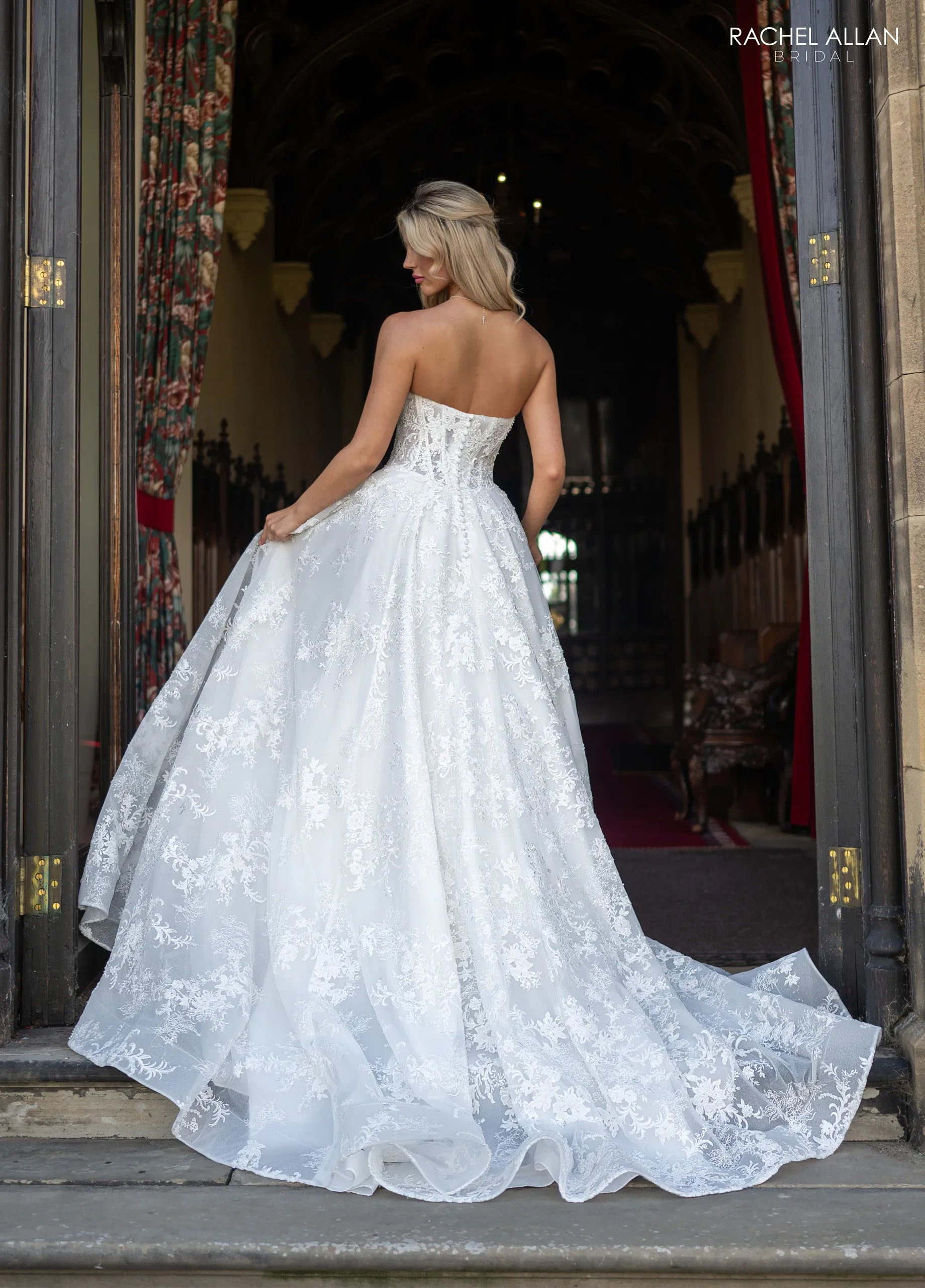 Ivory Illusion Long Sleeve Floor-Length Lace Wedding Dress with Corset Bodice Rachel Allan RB5132