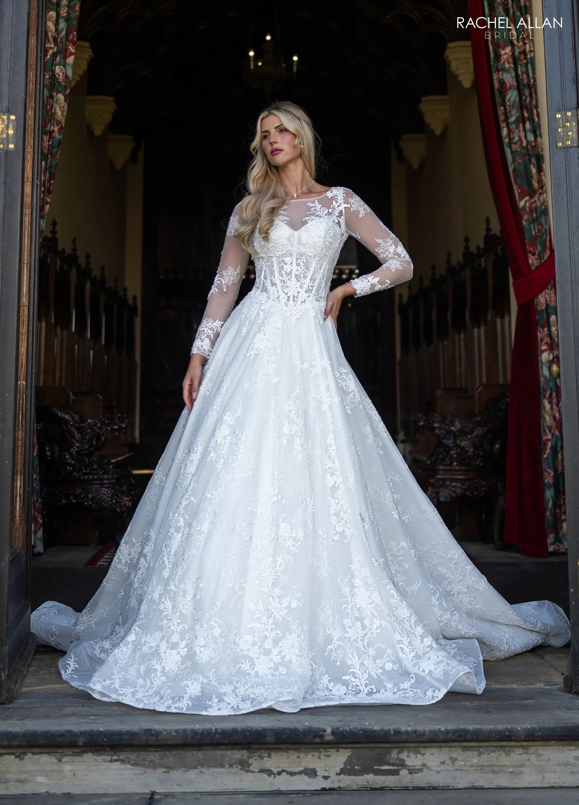Ivory Illusion Long Sleeve Floor-Length Lace Wedding Dress with Corset Bodice Rachel Allan RB5132