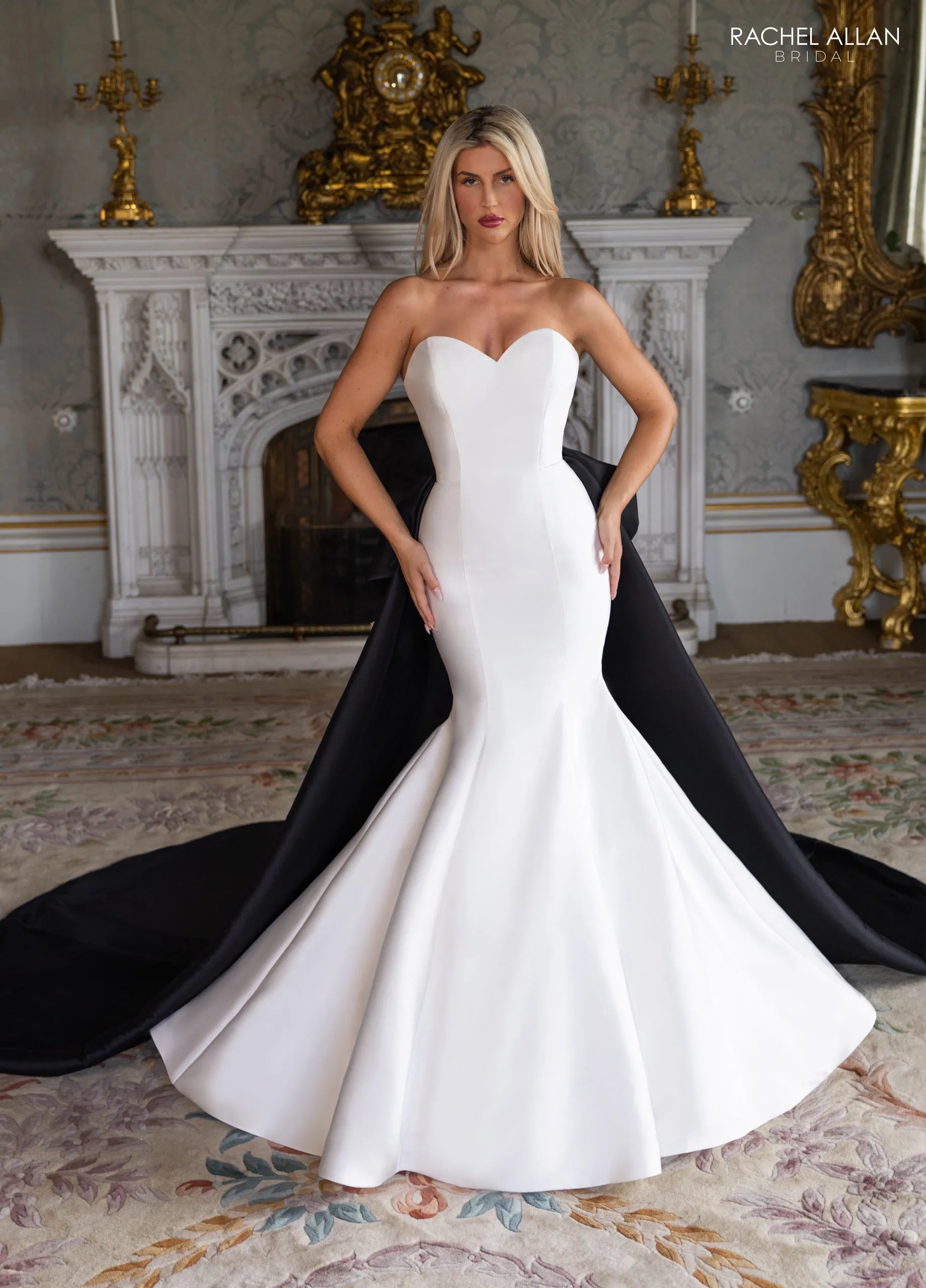 Ivory Black Sweetheart Strapless Floor-Length Satin Wedding Dress with Overskirt Ball Gown Rachel Allan RB5133