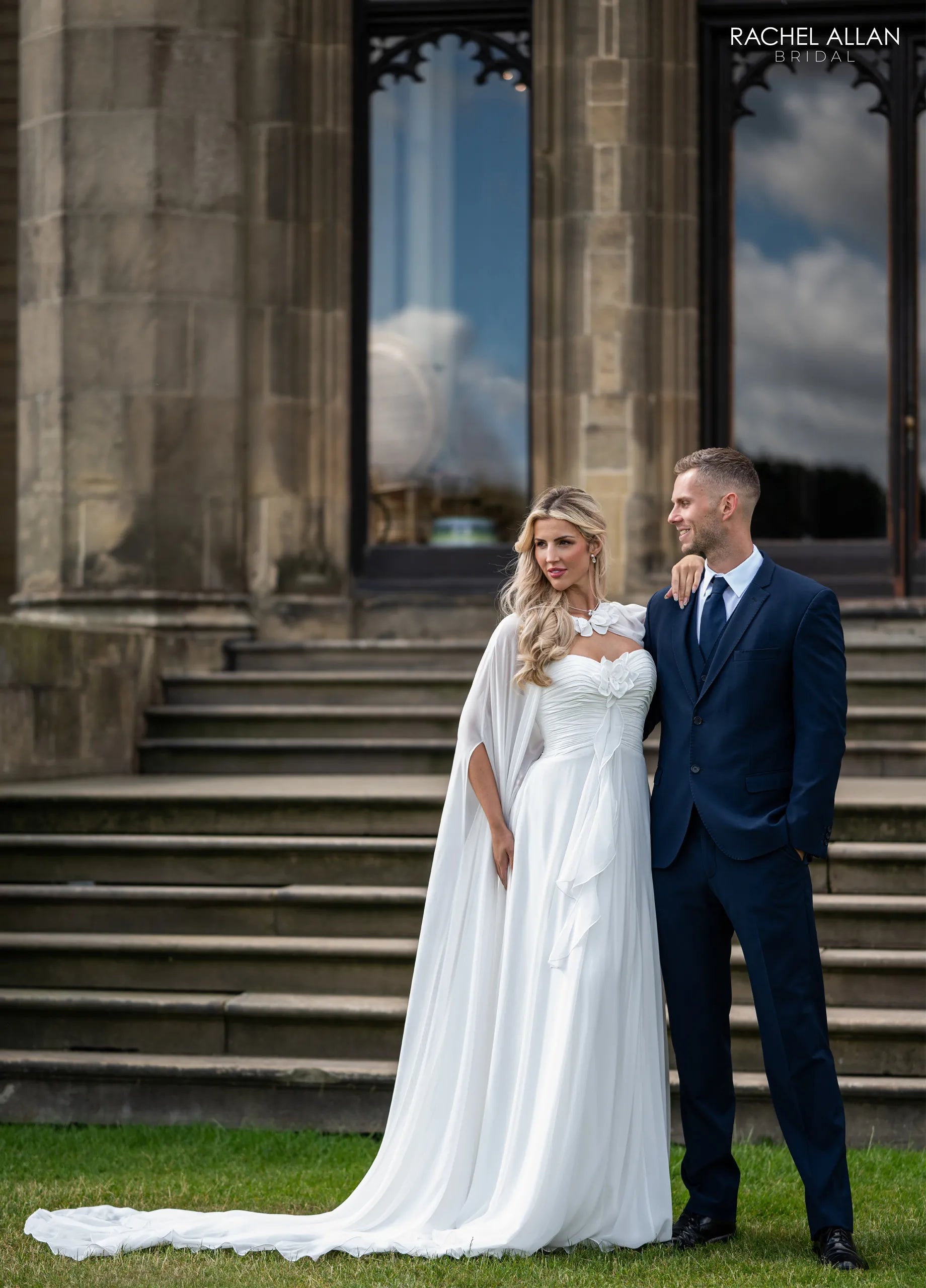 Ivory Sweetheart Floor-Length Chiffon Wedding Dress with Cape Train Rachel Allan RB5124