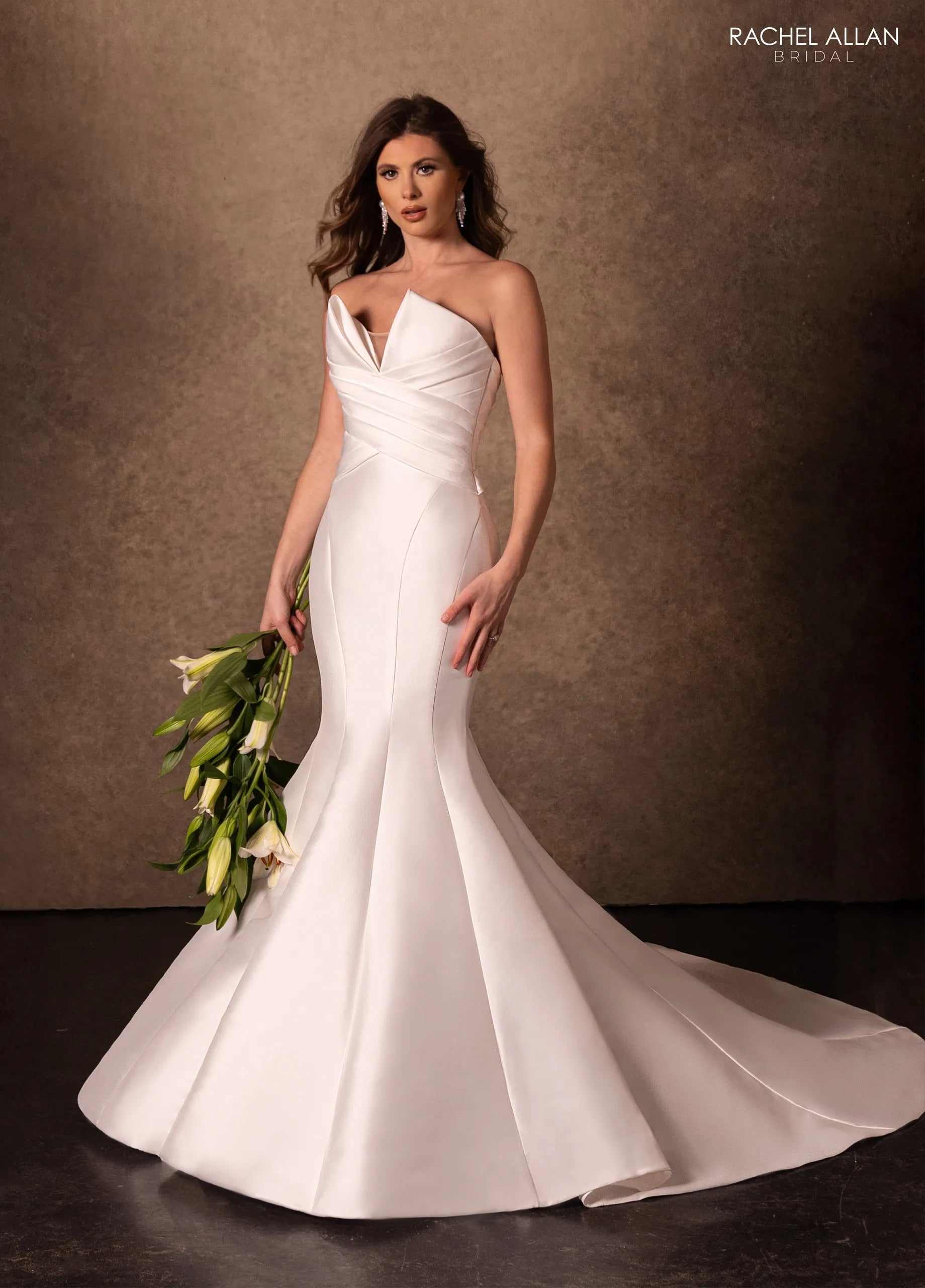 Ivory Light Rum Pink V-Neck Floor-Length Crepe Wedding Mermaid Gown with Draped Bodice Rachel Allan RB5106