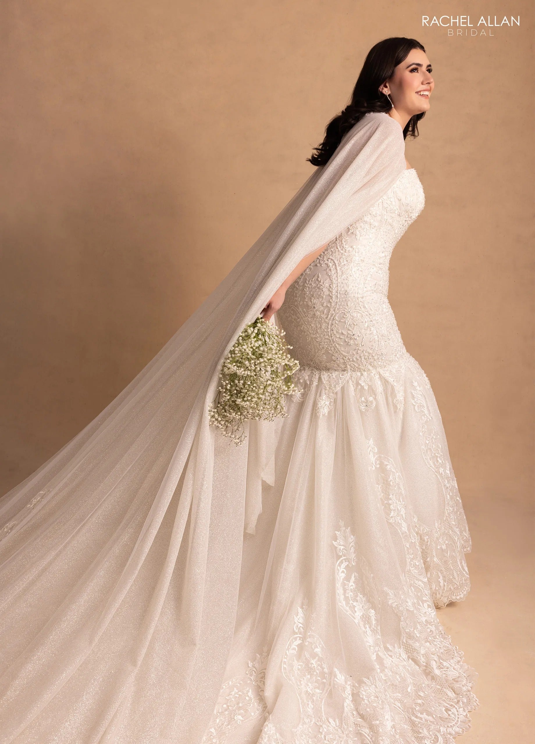 Ivory Sweetheart Floor-Length Lace Bridal Mermaid Gown with Cape Rachel Allan M781
