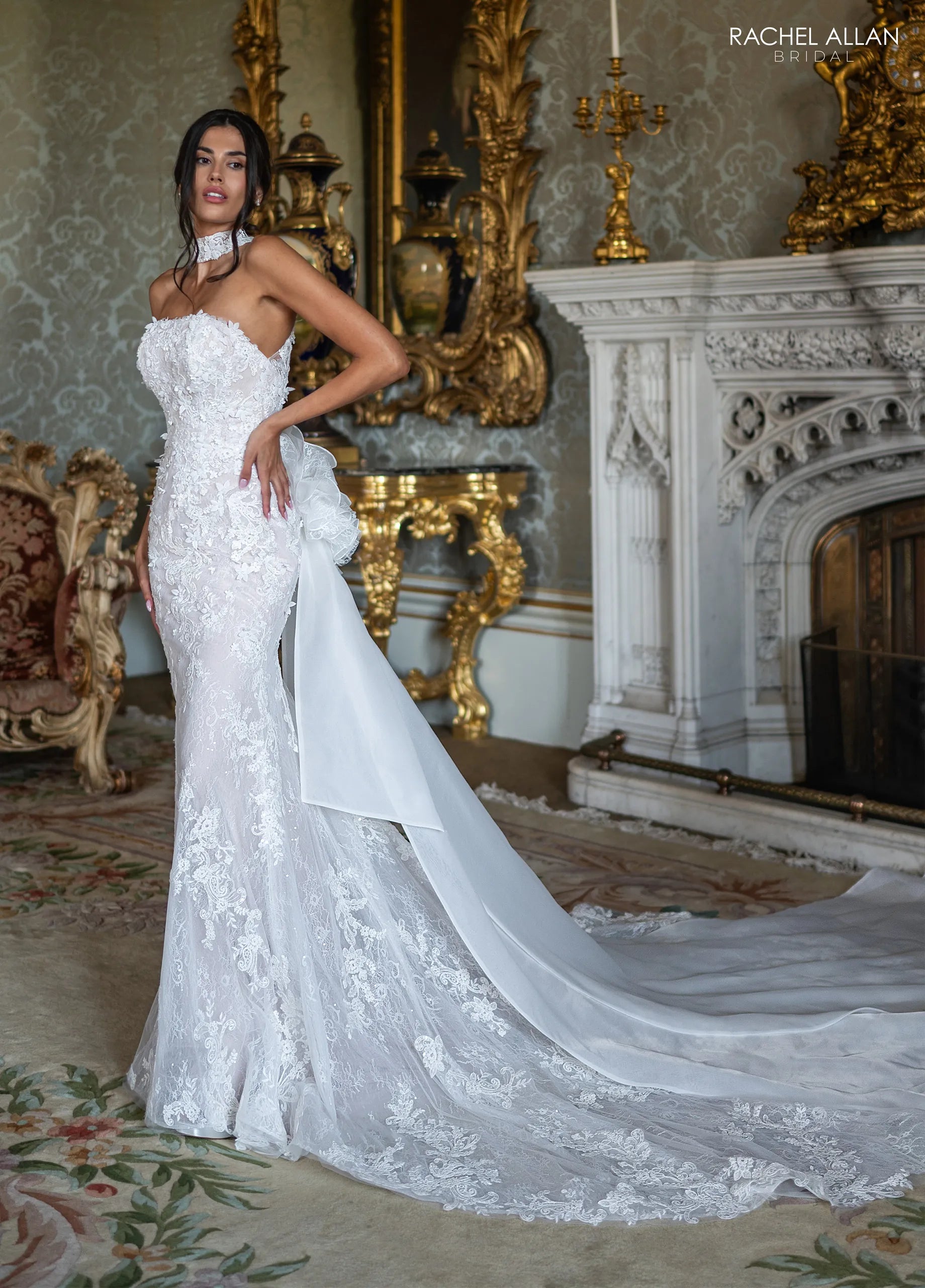 Ivory Nude Strapless Floor-Length Lace Wedding Dress with Overskirt Train Rachel Allan RB5125