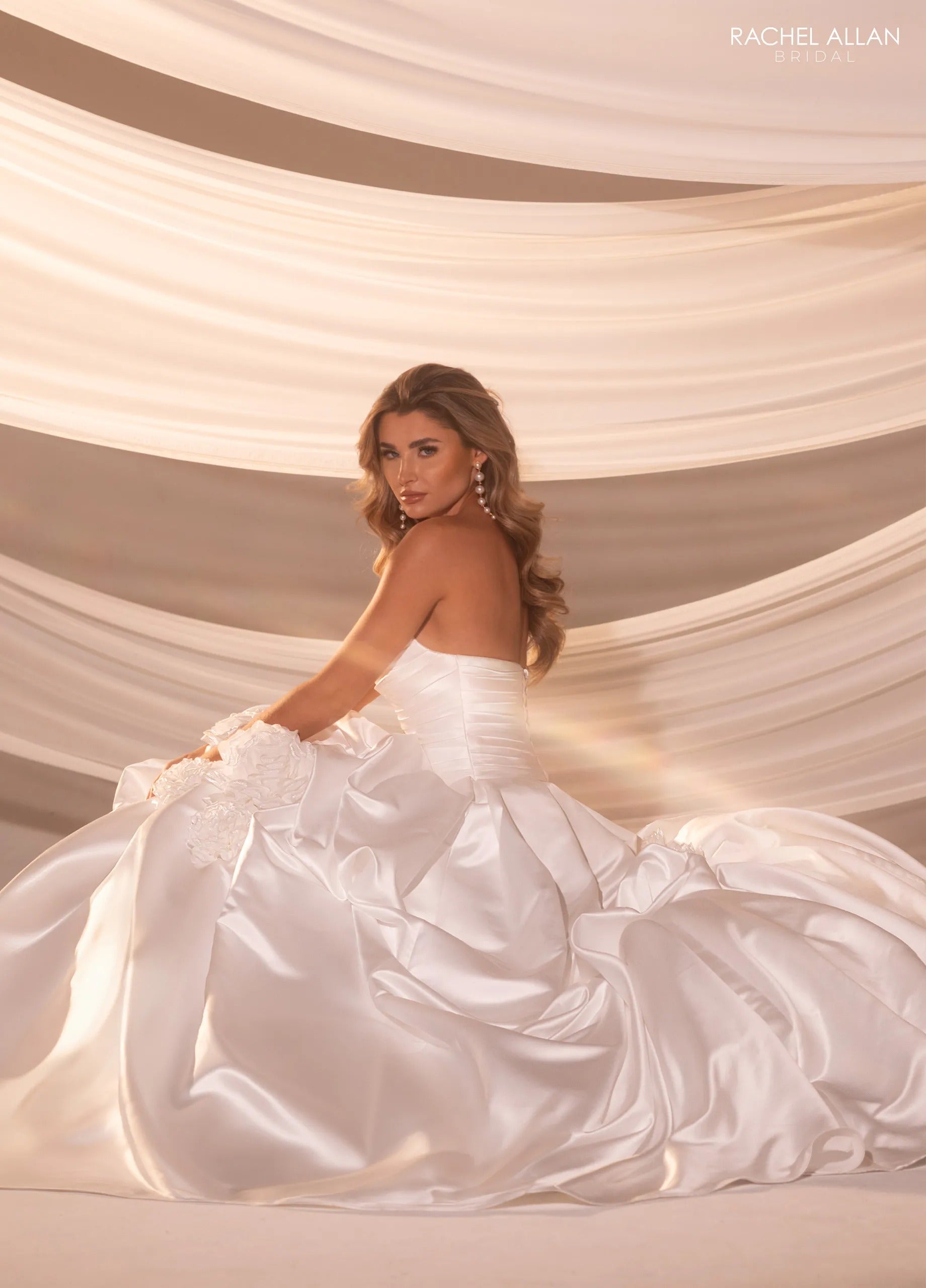 Ivory Nude Sweetheart Floor-Length Satin Wedding Ball Gown with Draped Skirt Rachel Allan RB5100