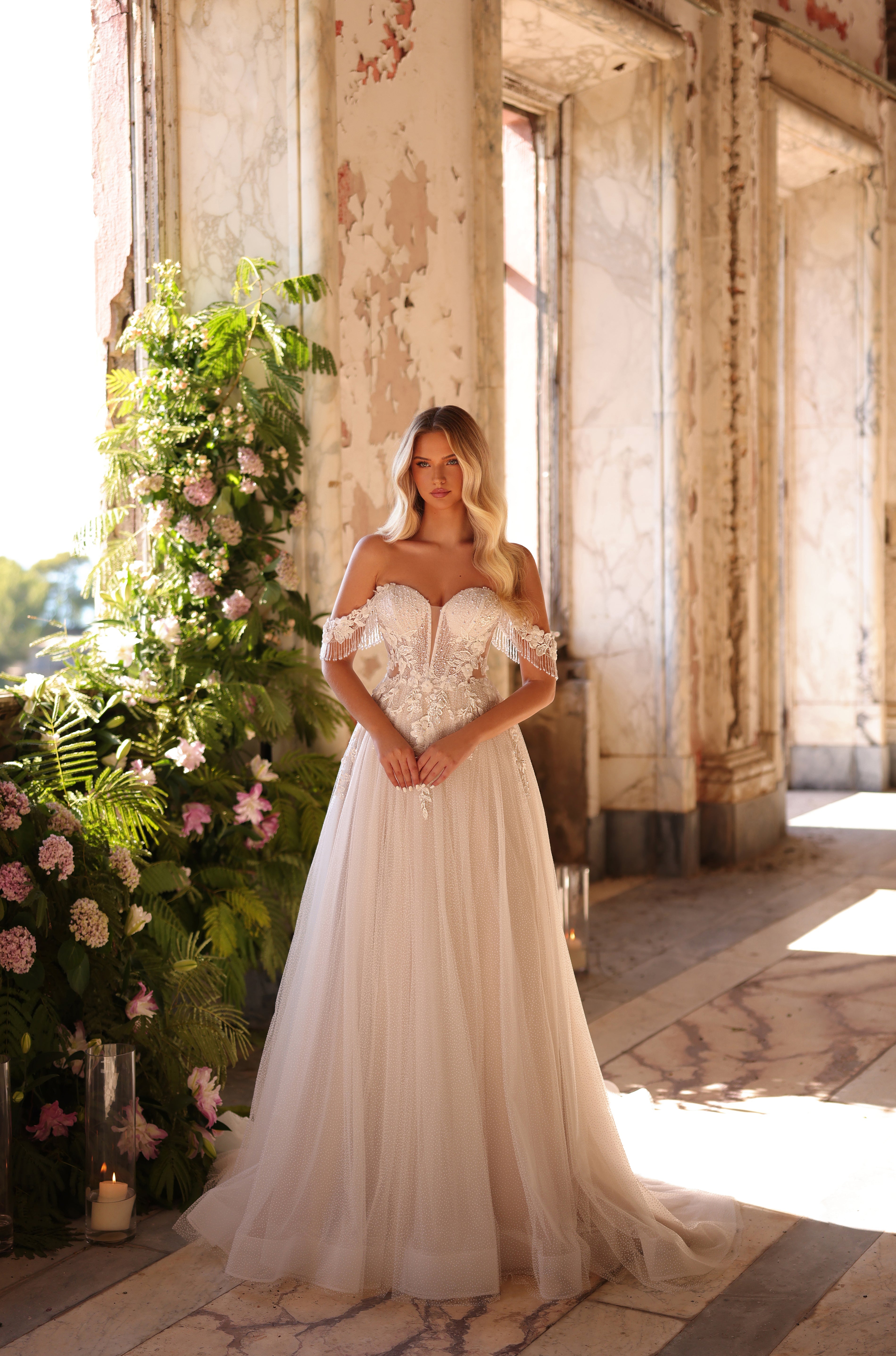 Wedding Dresses Floral Beaded Long A Line Bridal Wedding Dress Amarra 44011 Ivory/Nude