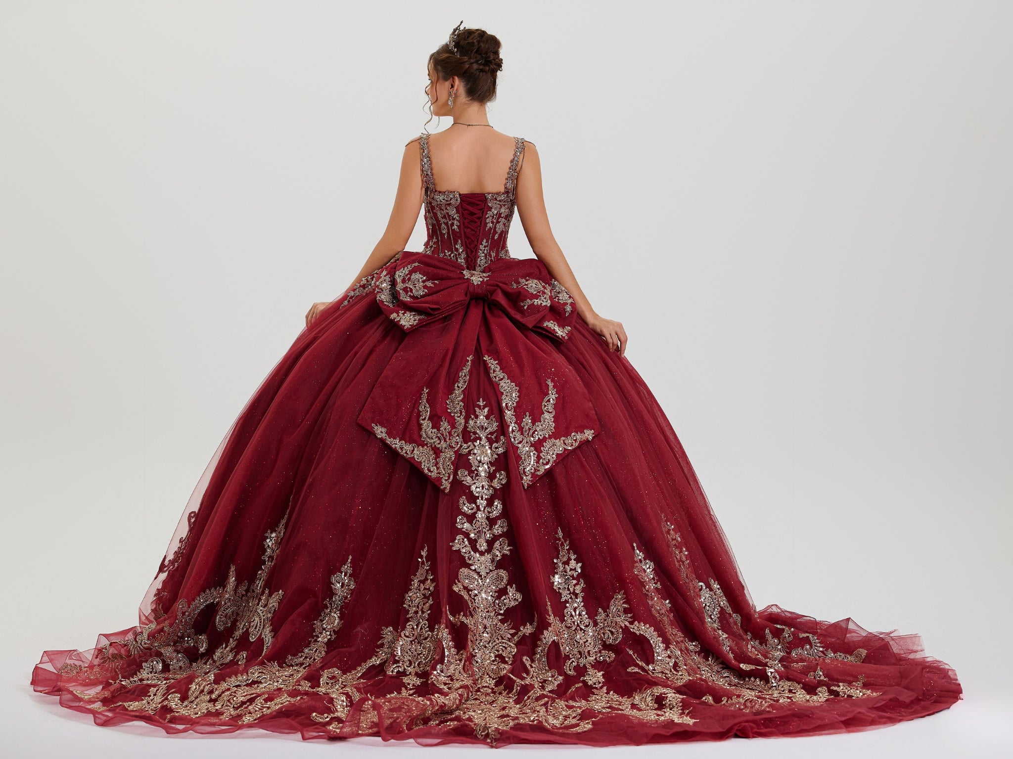 Quinceniera Dresses Long Beaded Ball Gown Glitter Quinceanera Dress Burgundy-Mesh-26407-Floral