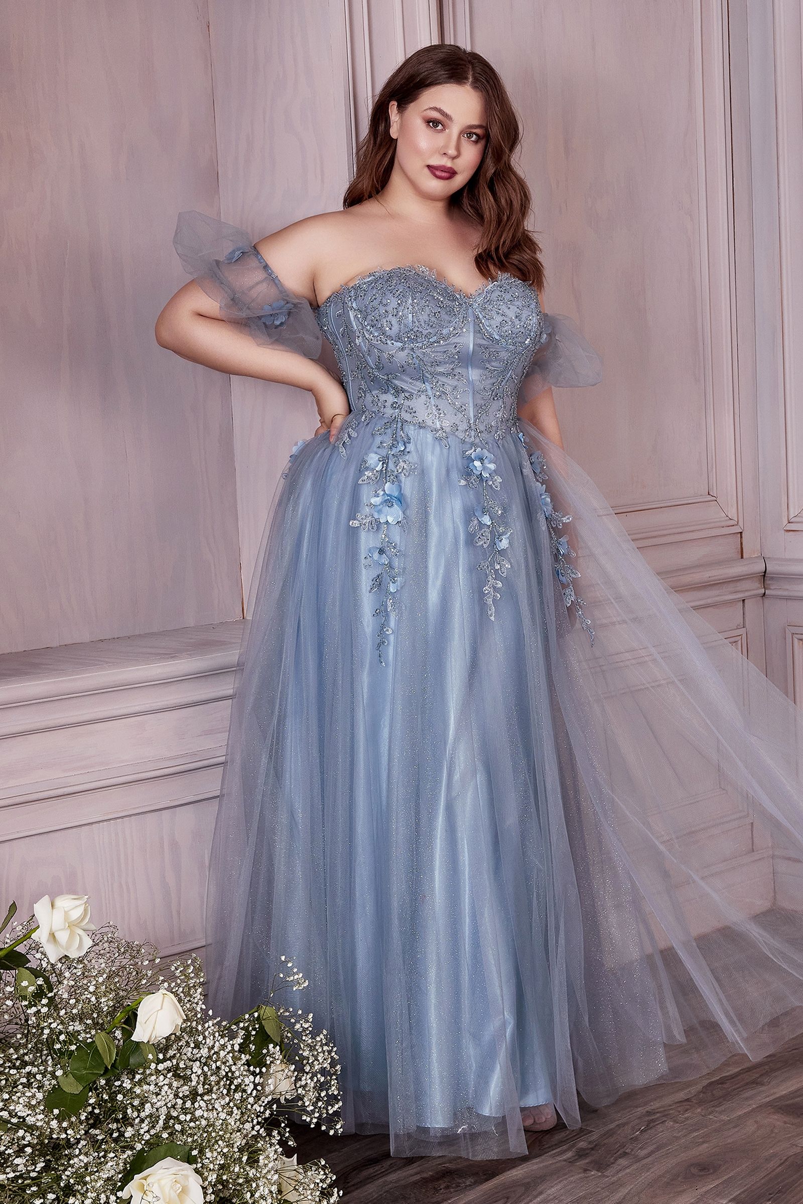 Plus Size Dresses Strapless 3D Floral Formal Long Plus Size Prom Dress Smoky Blue