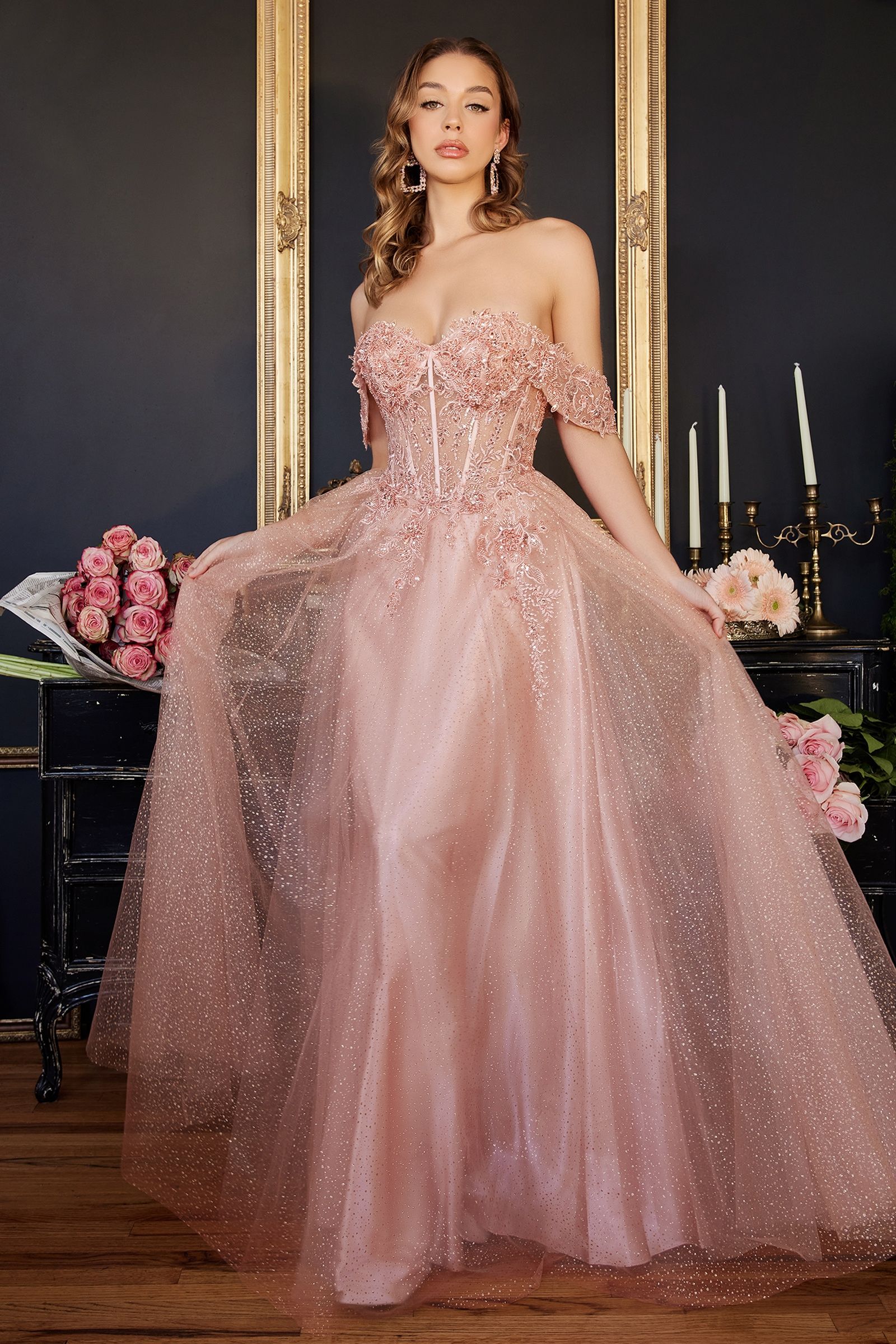 Prom Dresses Off Shoulder Corset Long Ball Gown Prom Dress Blush