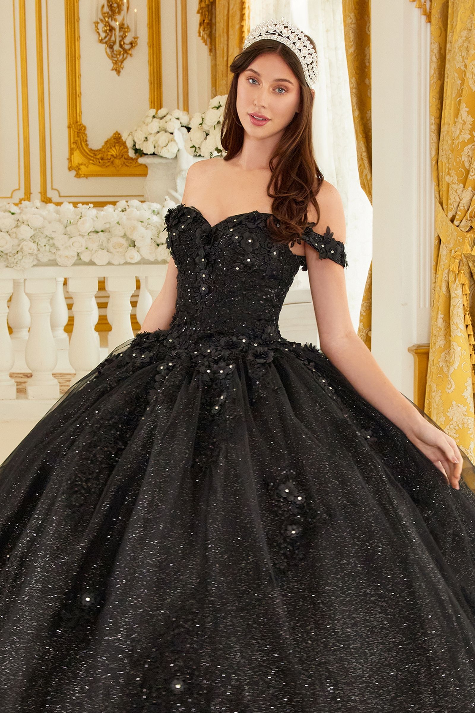 Quinceniera Dresses Long Floral Ball Gown Glitter Quinceanera Dress Black