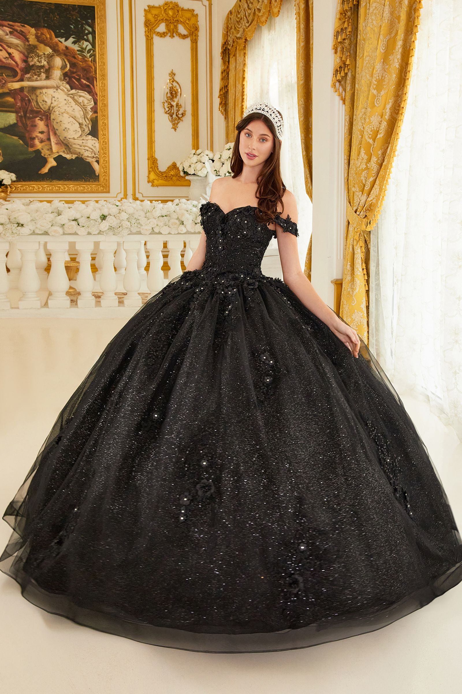 Quinceniera Dresses Long Floral Ball Gown Glitter Quinceanera Dress Black