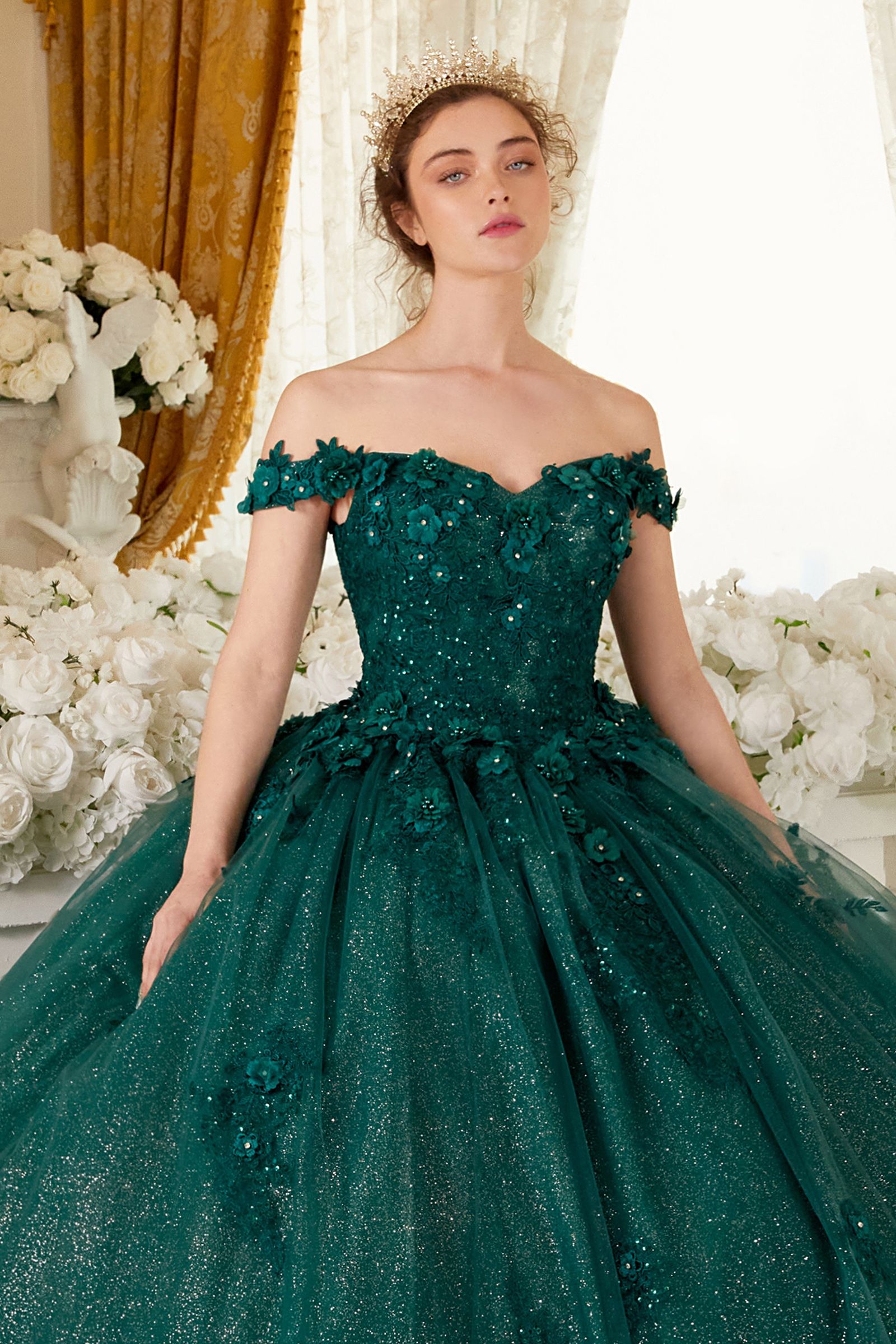 Quinceniera Dresses Long Floral Ball Gown Glitter Quinceanera Dress Emerald