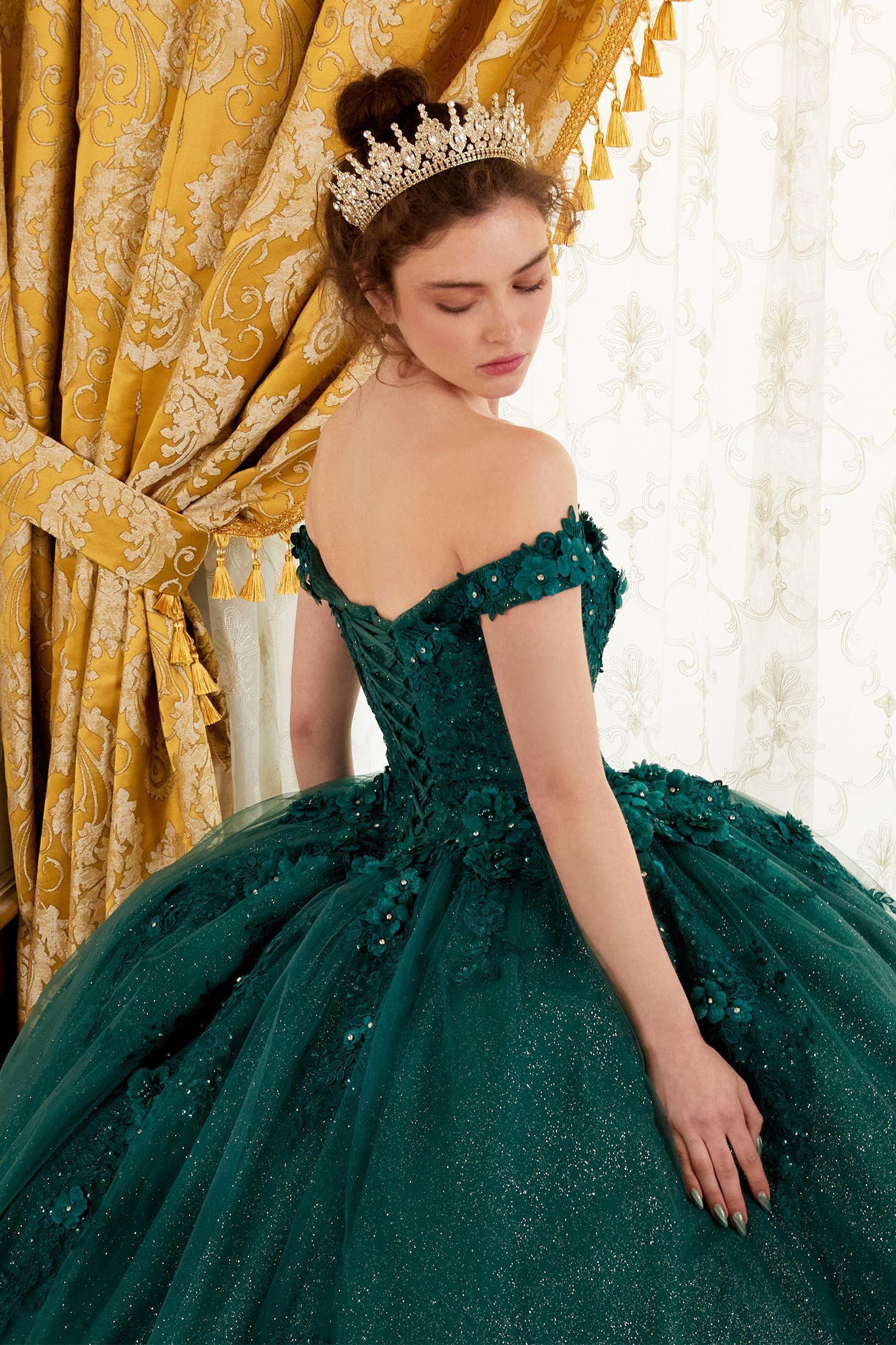Quinceniera Dresses Long Floral Ball Gown Glitter Quinceanera Dress Emerald