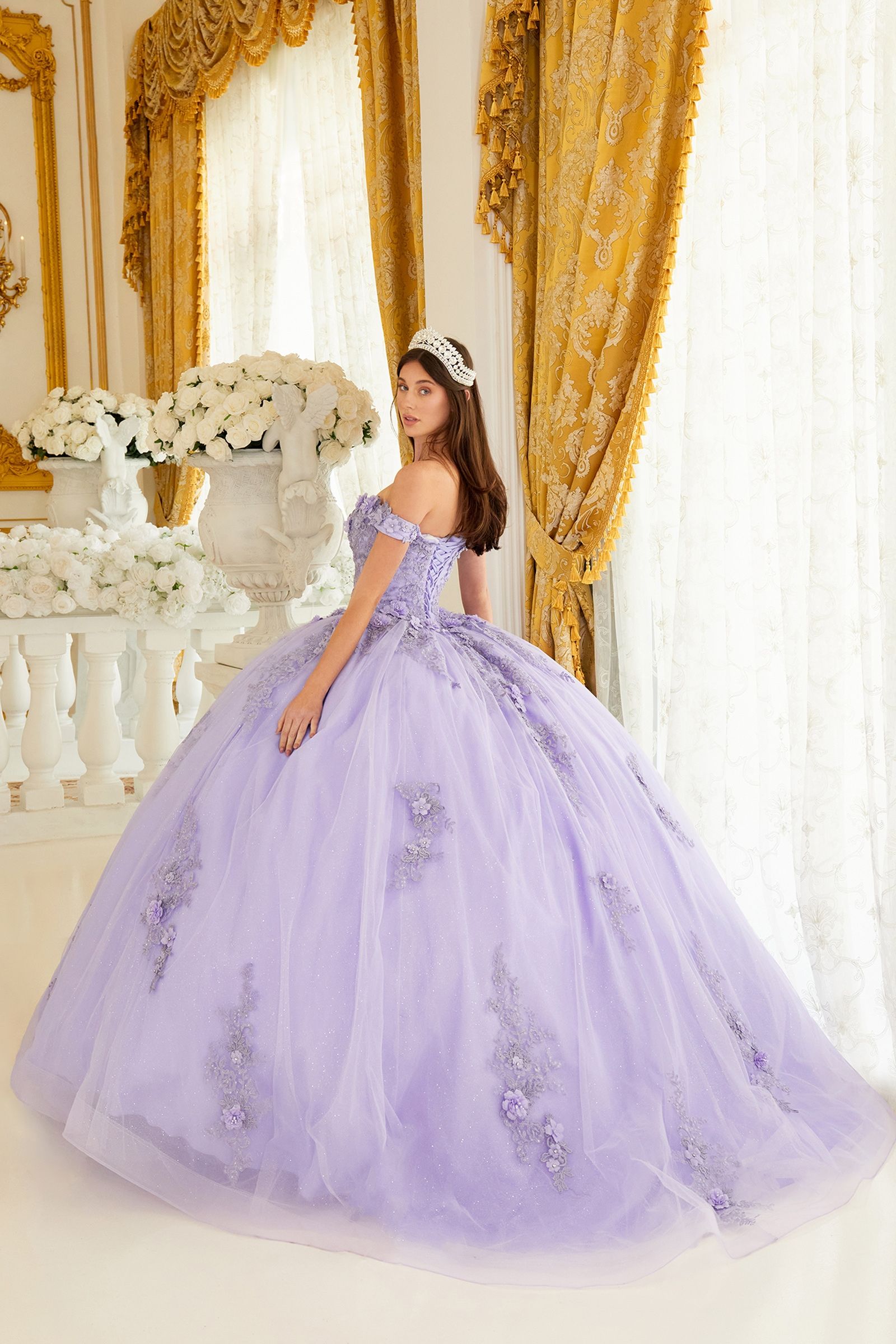 Quinceniera Dresses Long Floral Ball Gown Glitter Quinceanera Dress Lavender