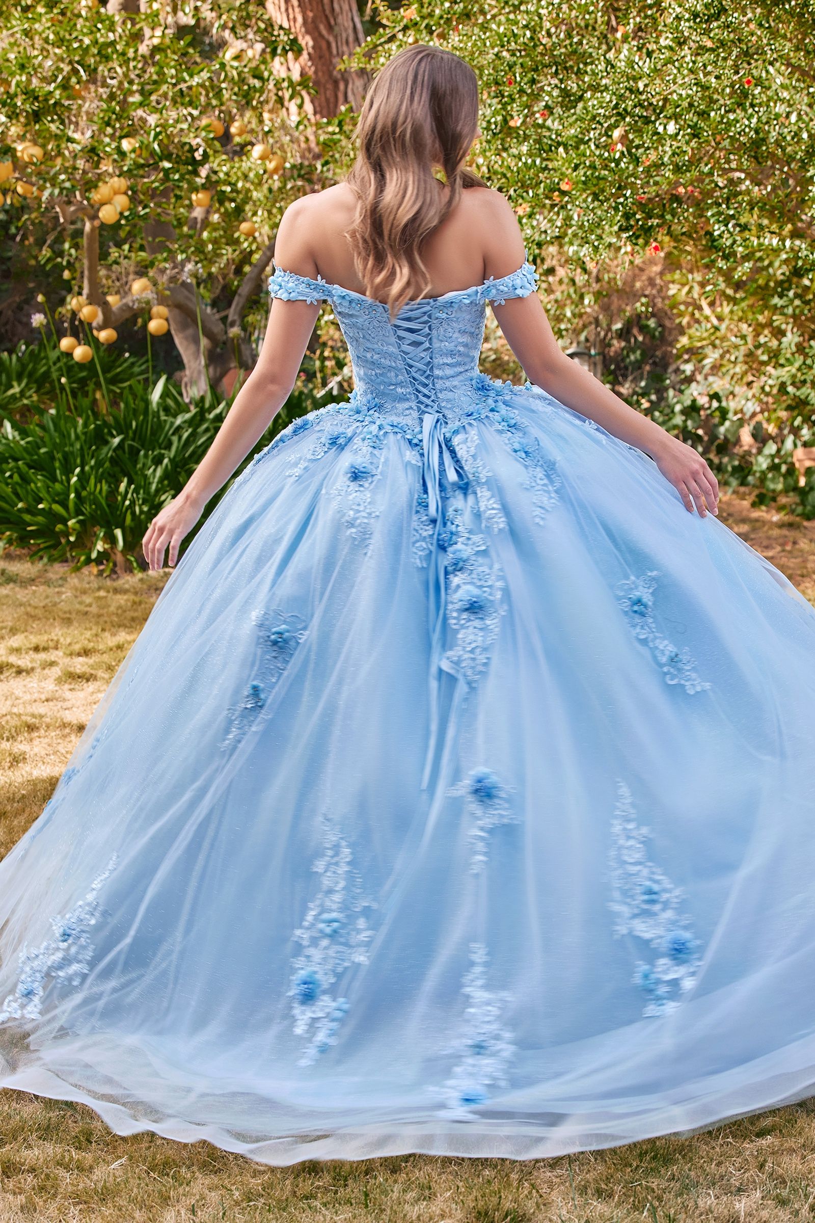 Quinceniera Dresses Long Floral Ball Gown Glitter Quinceanera Dress Lt Blue