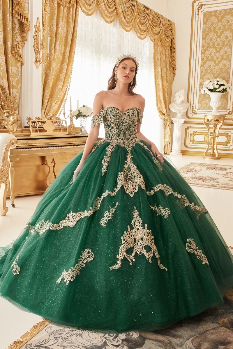 Quinceniera Dresses Long Applique Glitter Quinceanera Ball Gown Emerald