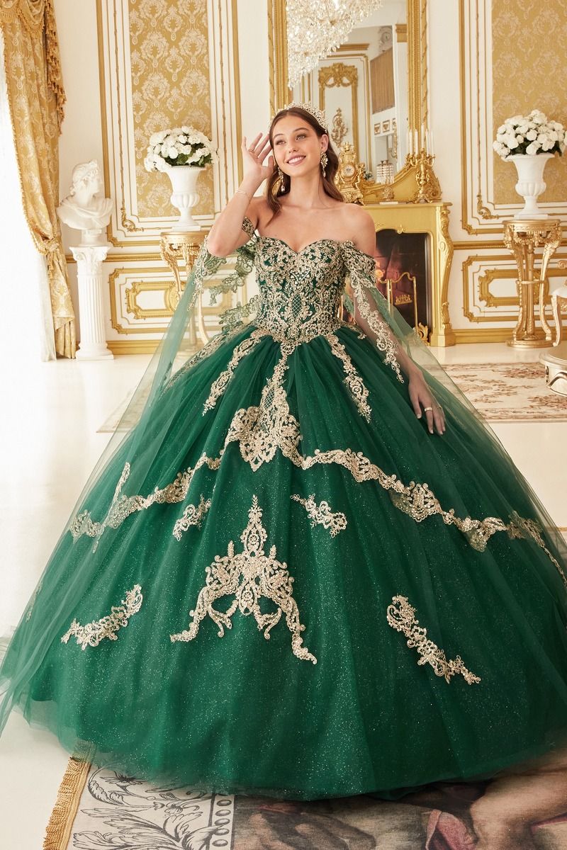 Quinceniera Dresses Long Applique Glitter Quinceanera Ball Gown Emerald