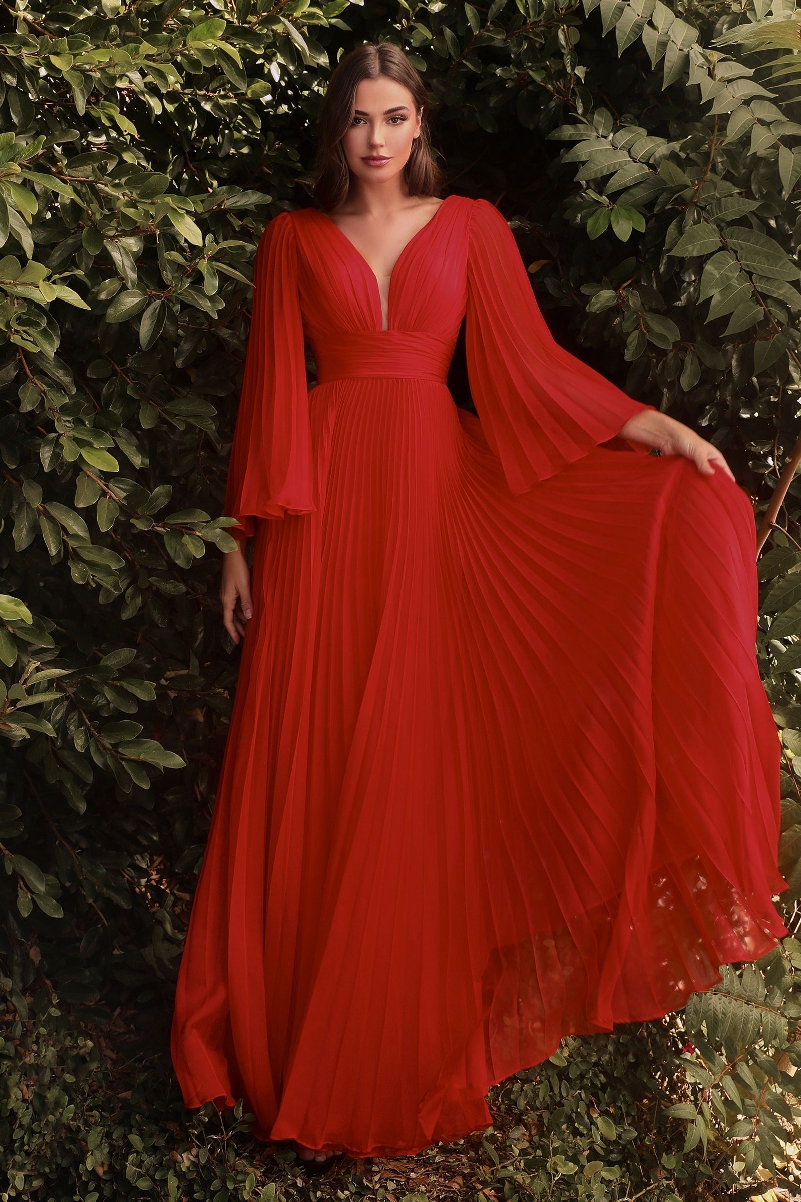 Formal Dresses Long Sleeve Pleated Evening Formal Dress Red