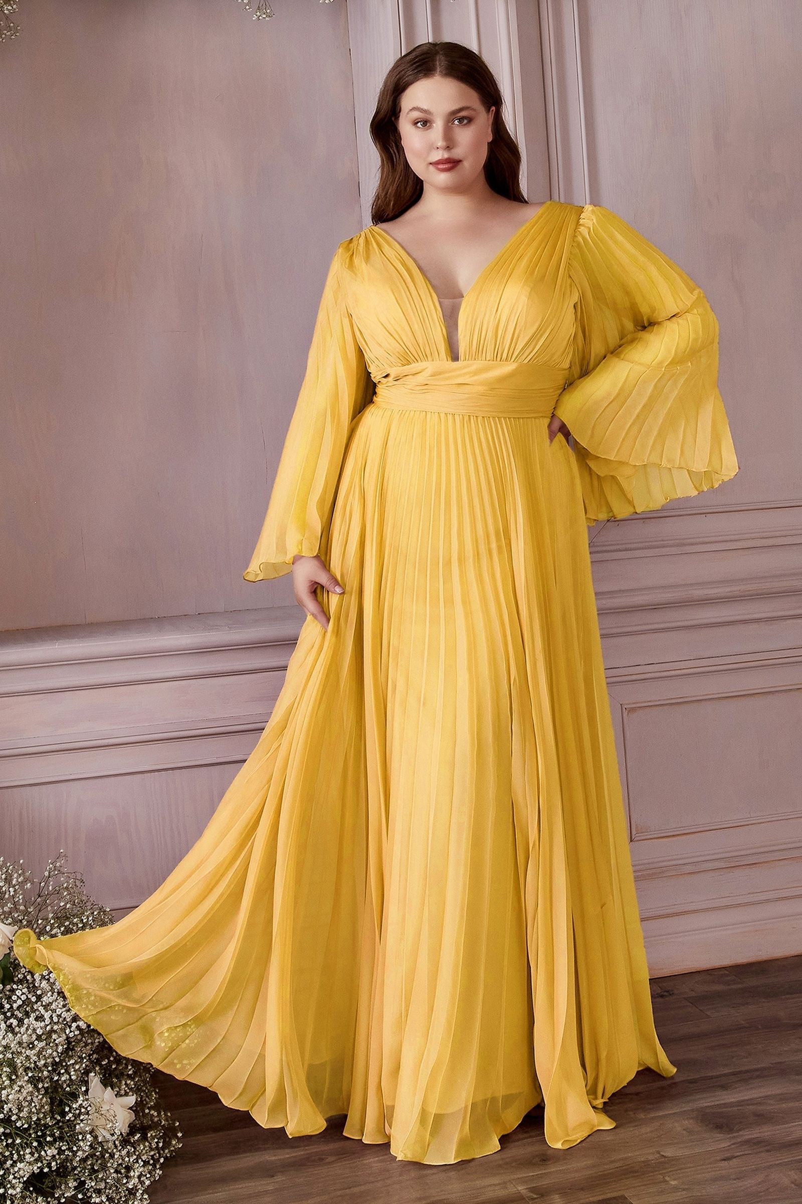 Plus Size Dresses Long Sleeve Formal A Line Plus Size Dress Yellow
