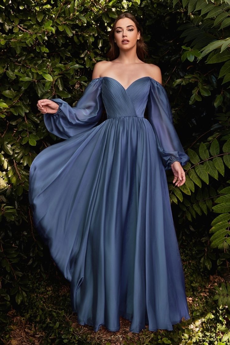 Formal Dresses Off Shoulder Long Sleeve A Line Formal Dress Smoky Blue