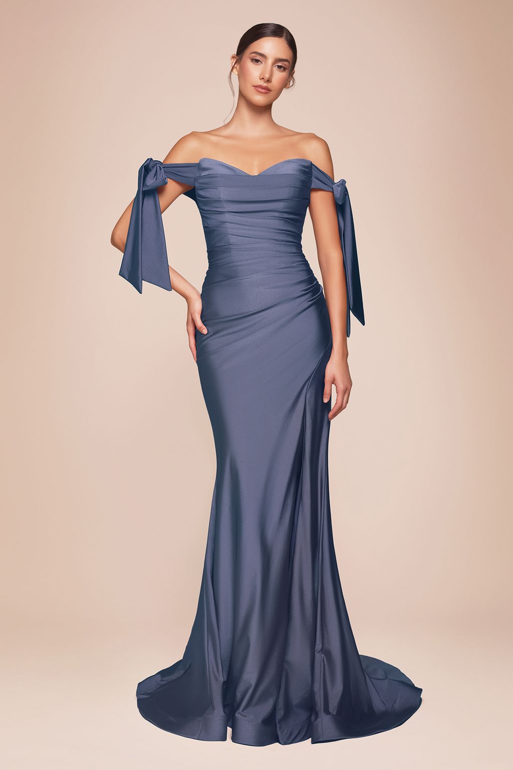 LaDivine CD943C Off Shoulder Long Dress in Smoky Blue