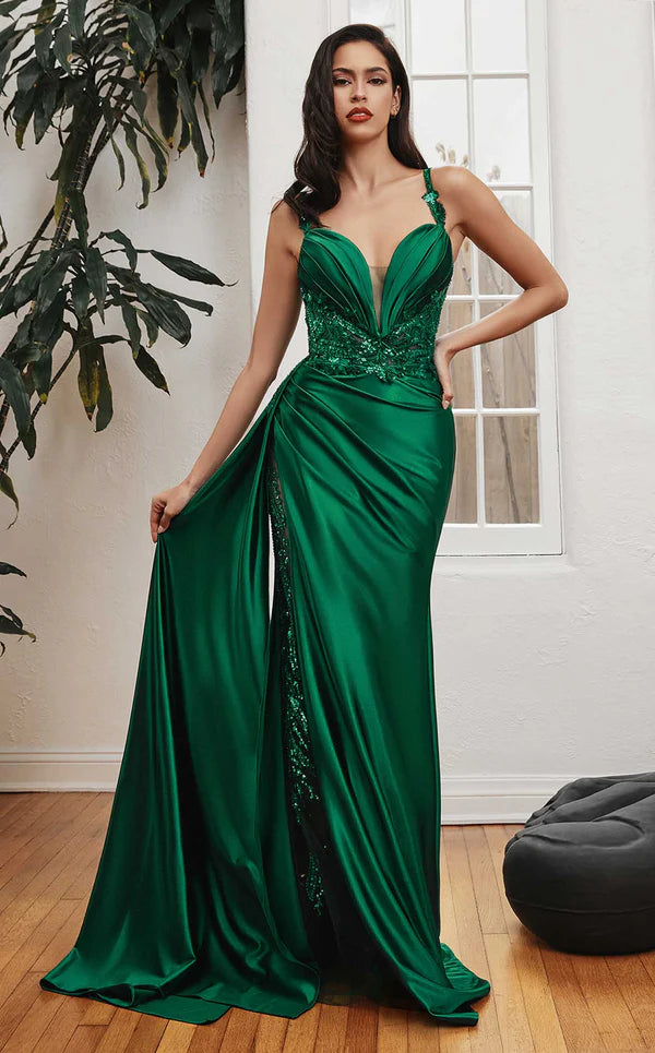 LaDivine CDS417 High Slit Sexy Prom Dress in Emerald
