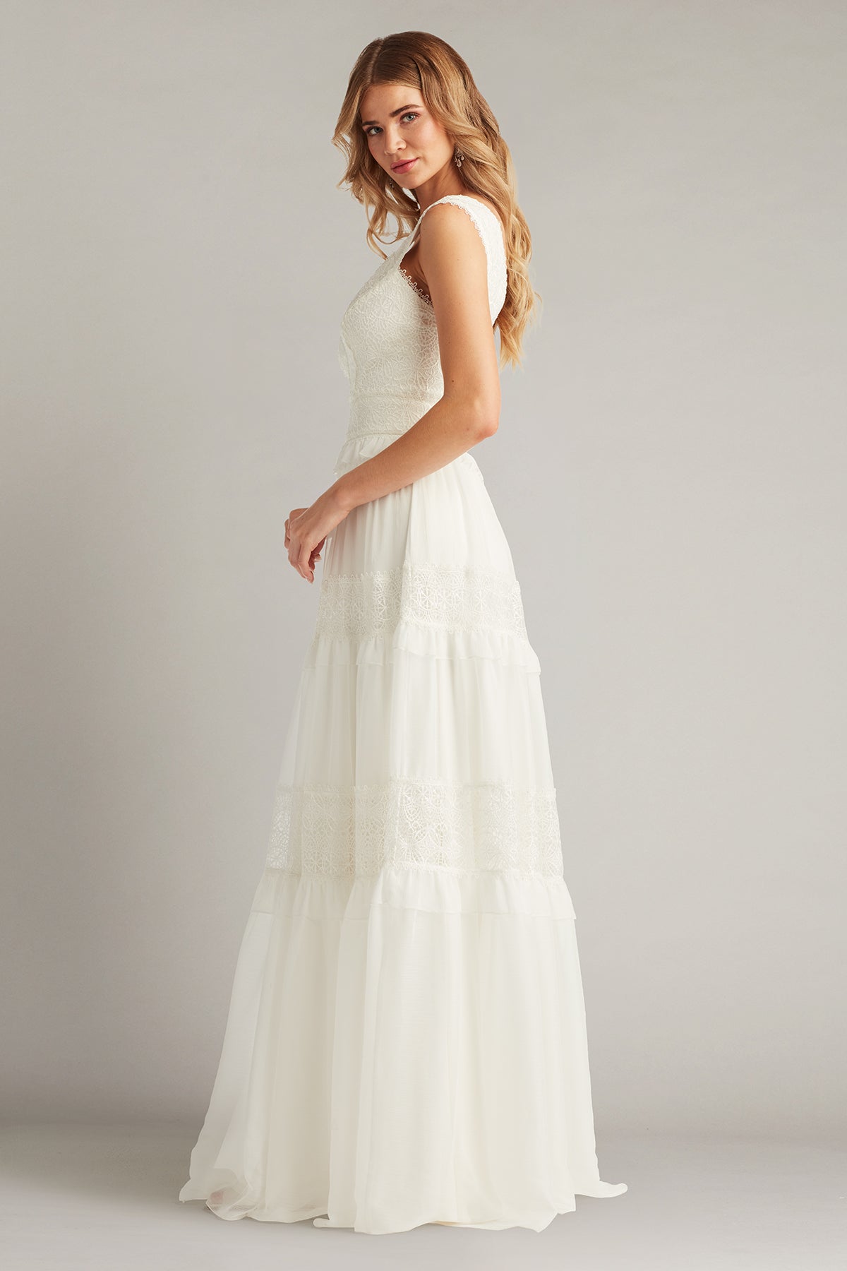 V-Neck Floor-Length Chiffon Wedding Dress A-Line Tadashi Shoji CFW24598LBR
