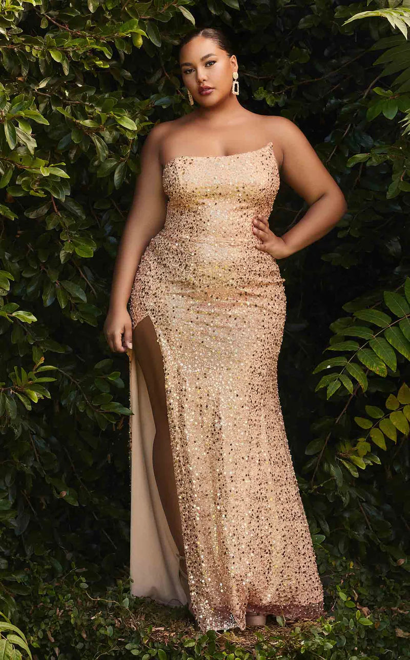LaDivine CH165C Plus Size Strapless Sexy Long Dress in Gold