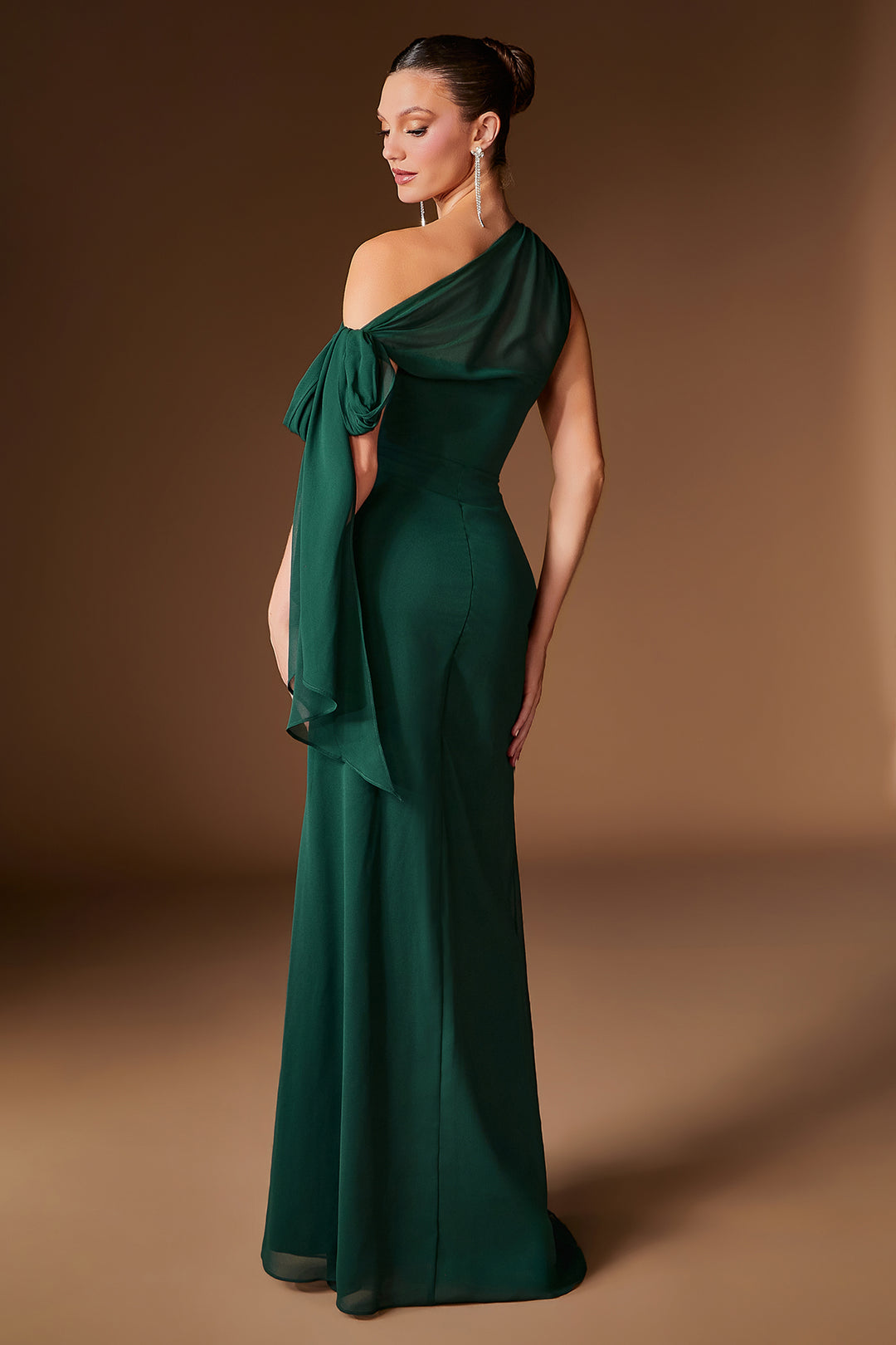 Emerald One-Shoulder Chiffon Formal Bow Accent Gown LaDivine CH2612