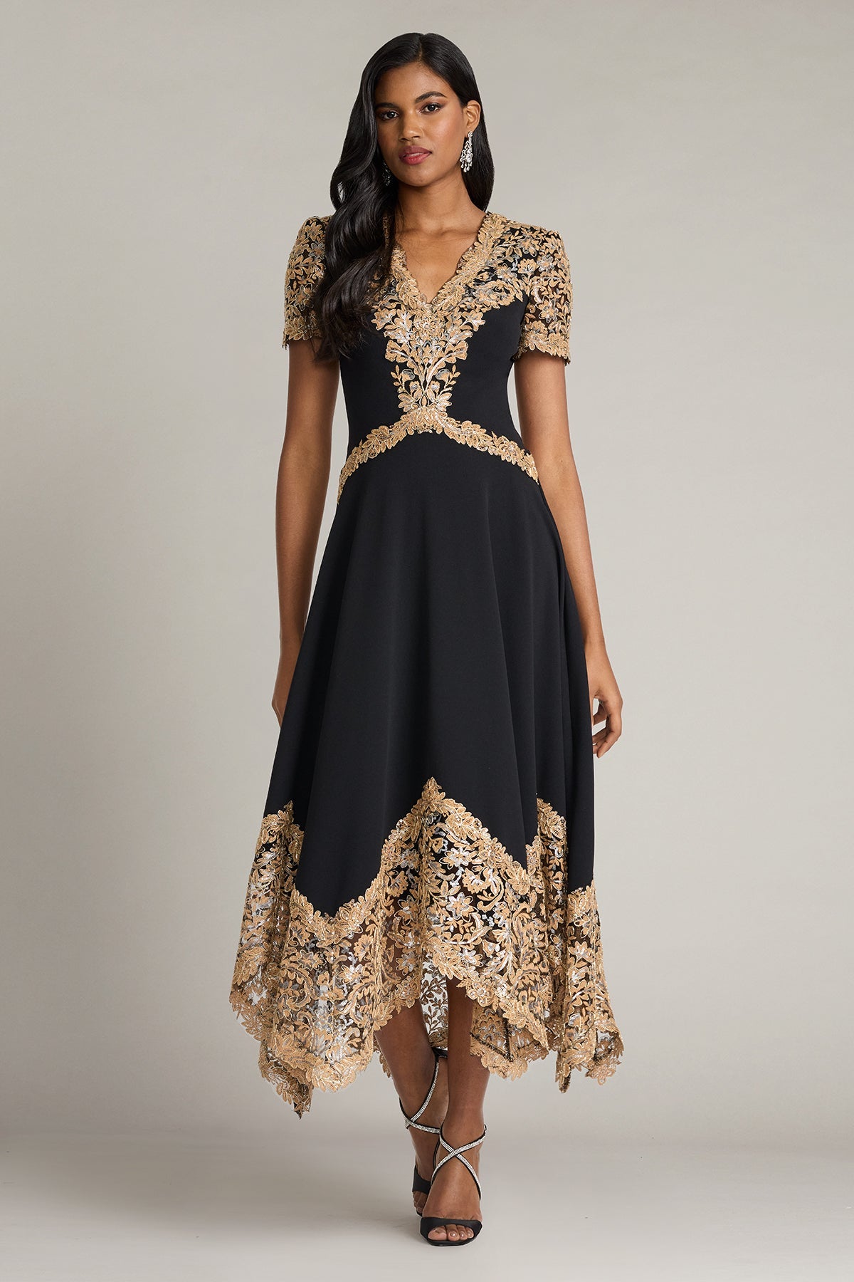 V-Neck Tea-Length Lace Formal A-Line Tadashi Shoji CJI26164MD