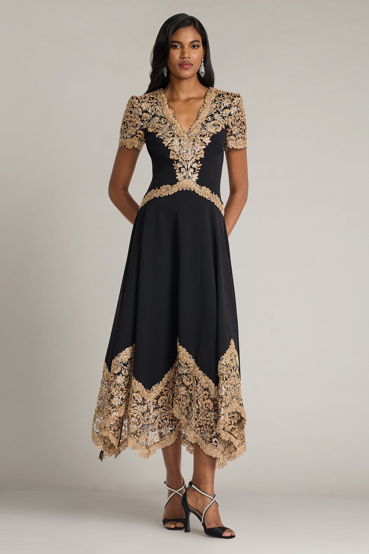 V-Neck Tea-Length Lace Formal A-Line Tadashi Shoji CJI26164MD