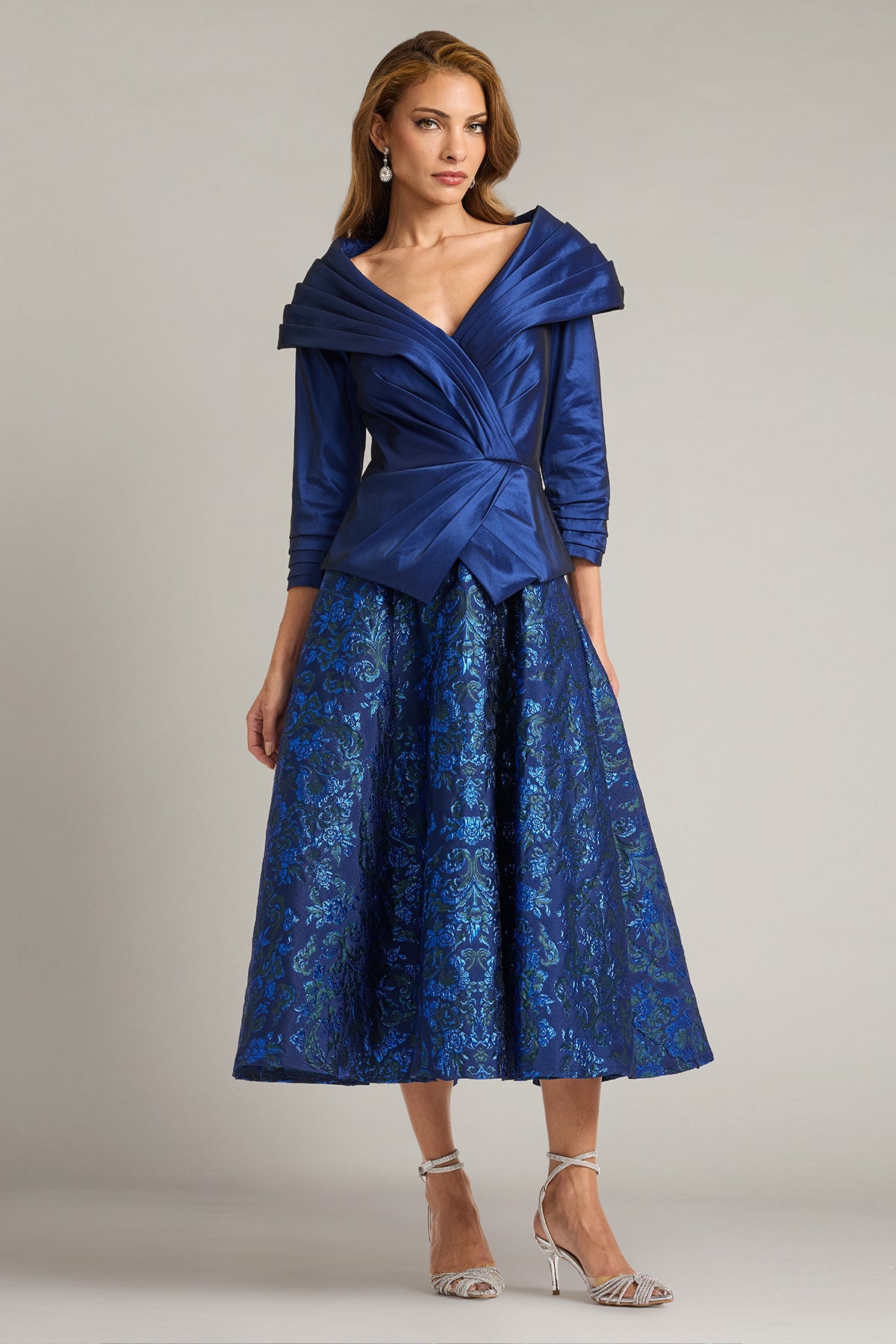 V-Neck Tea-Length Satin Formal A-Line Tadashi Shoji CKD26312MD