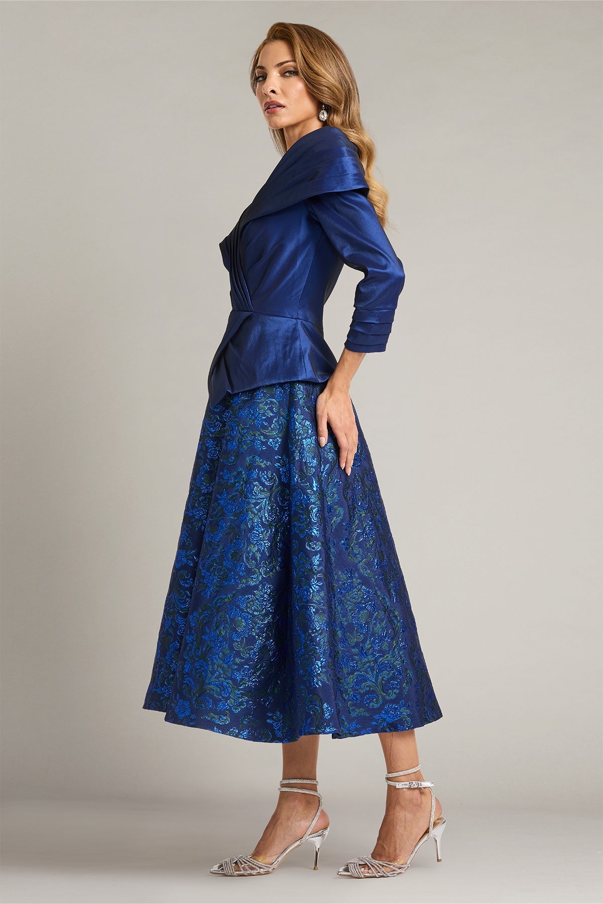 V-Neck Tea-Length Satin Formal A-Line Tadashi Shoji CKD26312MD
