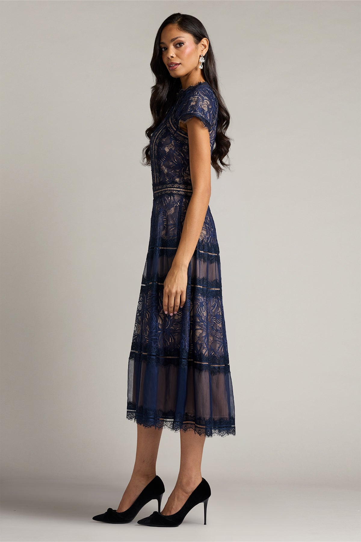 Crew/High-Neck Tea-Length Lace Formal A-Line Tadashi Shoji CKI26362MD