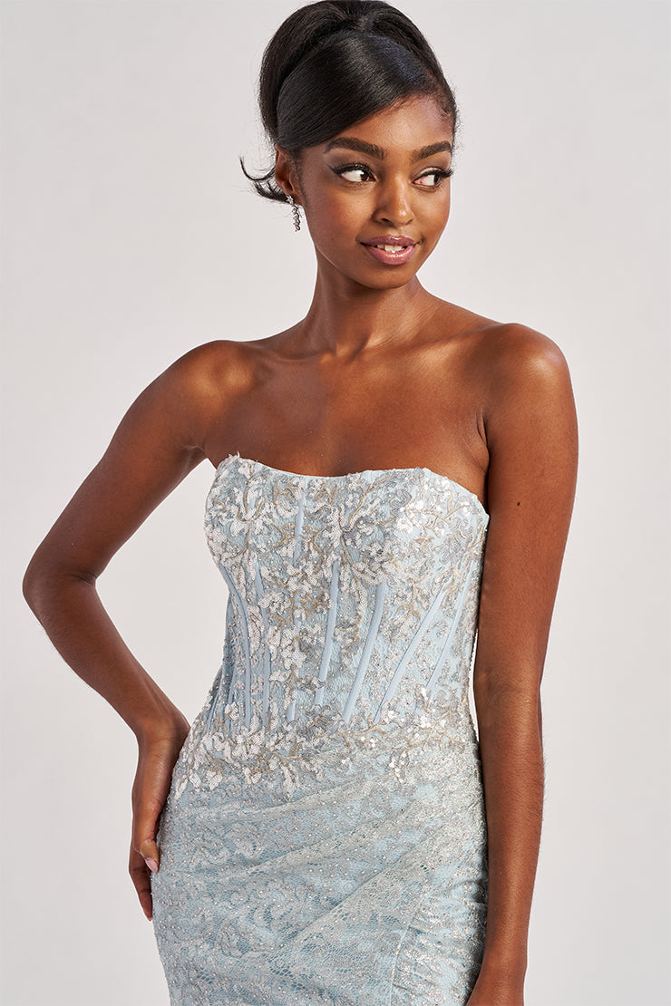 Prom Dresses Mermaid Long Formal Metallic Lace Prom Dress Ice Blue