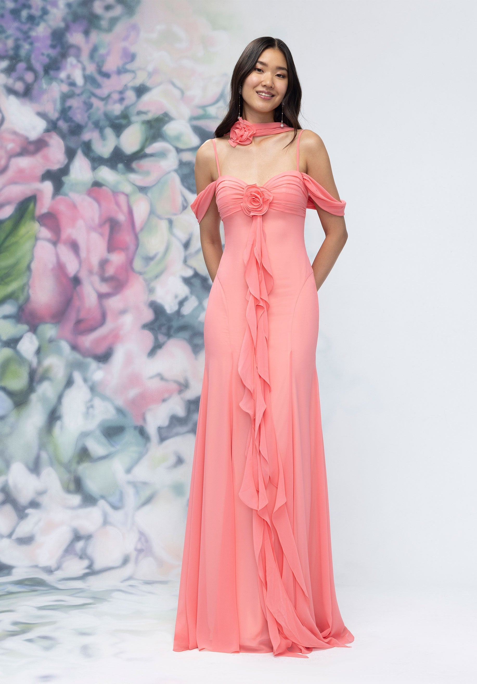 Formal Dresses Ruffle Floral Long Formal Dress Cantaloupe-Chiffon-3030000-Ruffle