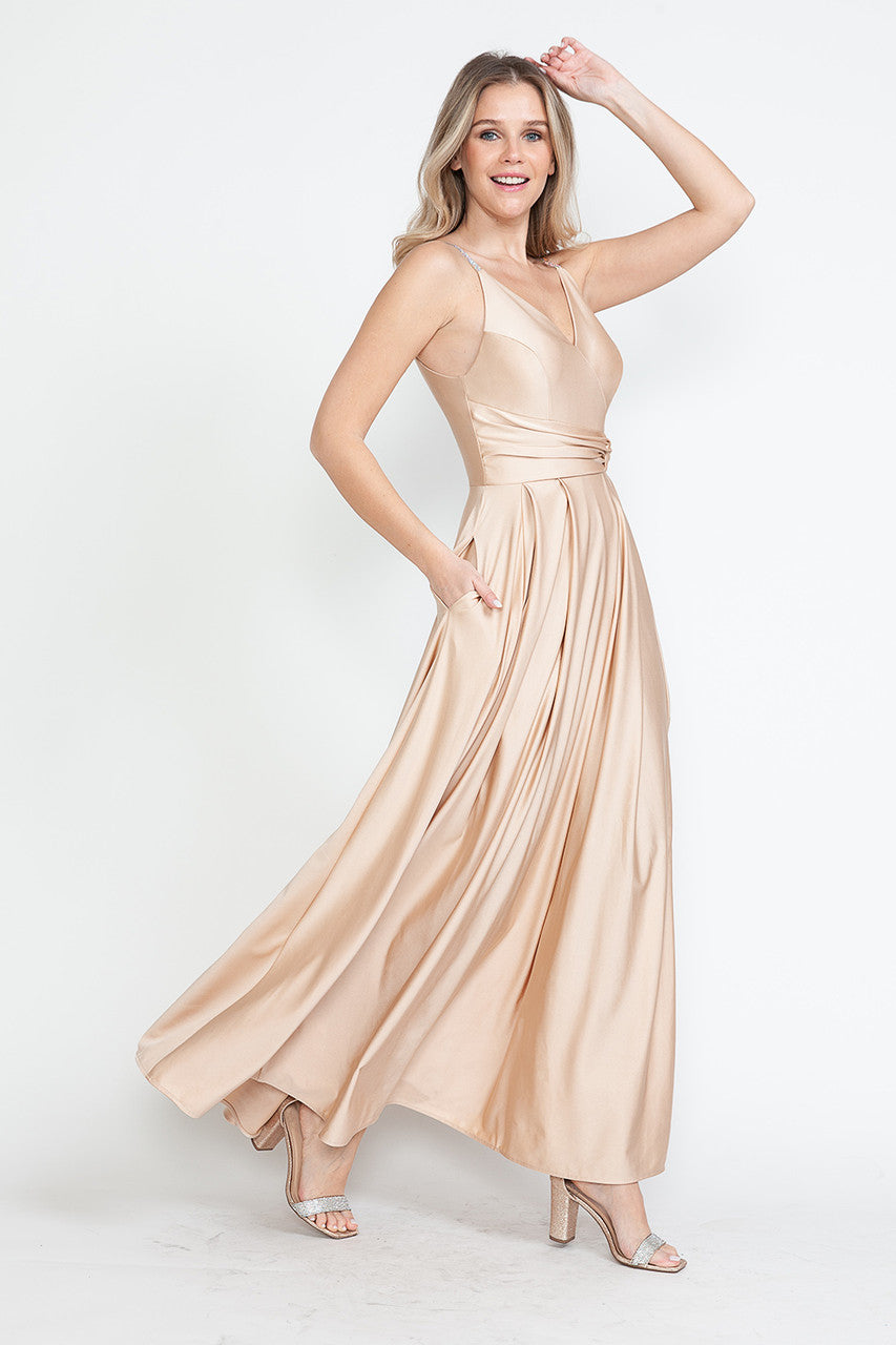 Formal Dresses A Line Formal Slit Long Prom Dress Lenovia 5275 Champagne Gold-Satin-5275-A Line