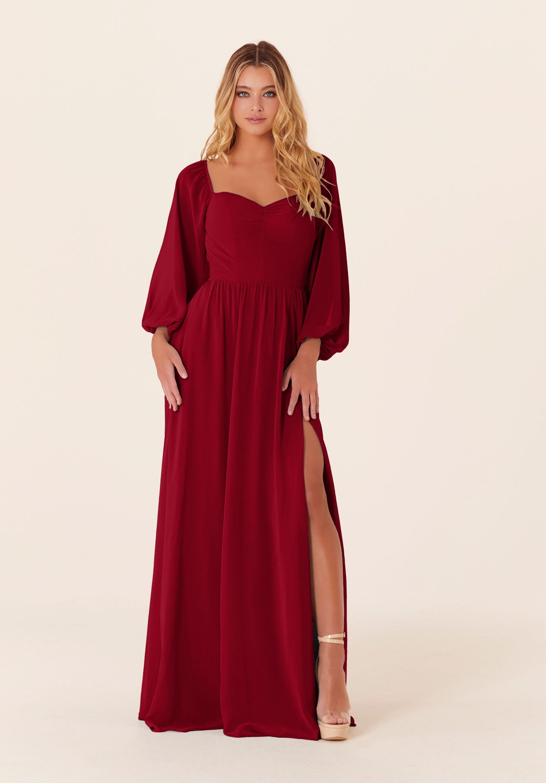 Mother of the Bride Dresses Long Sleeve A Line Formal Mother of the Bride Dress Claret-Chiffon-21830-Pleated