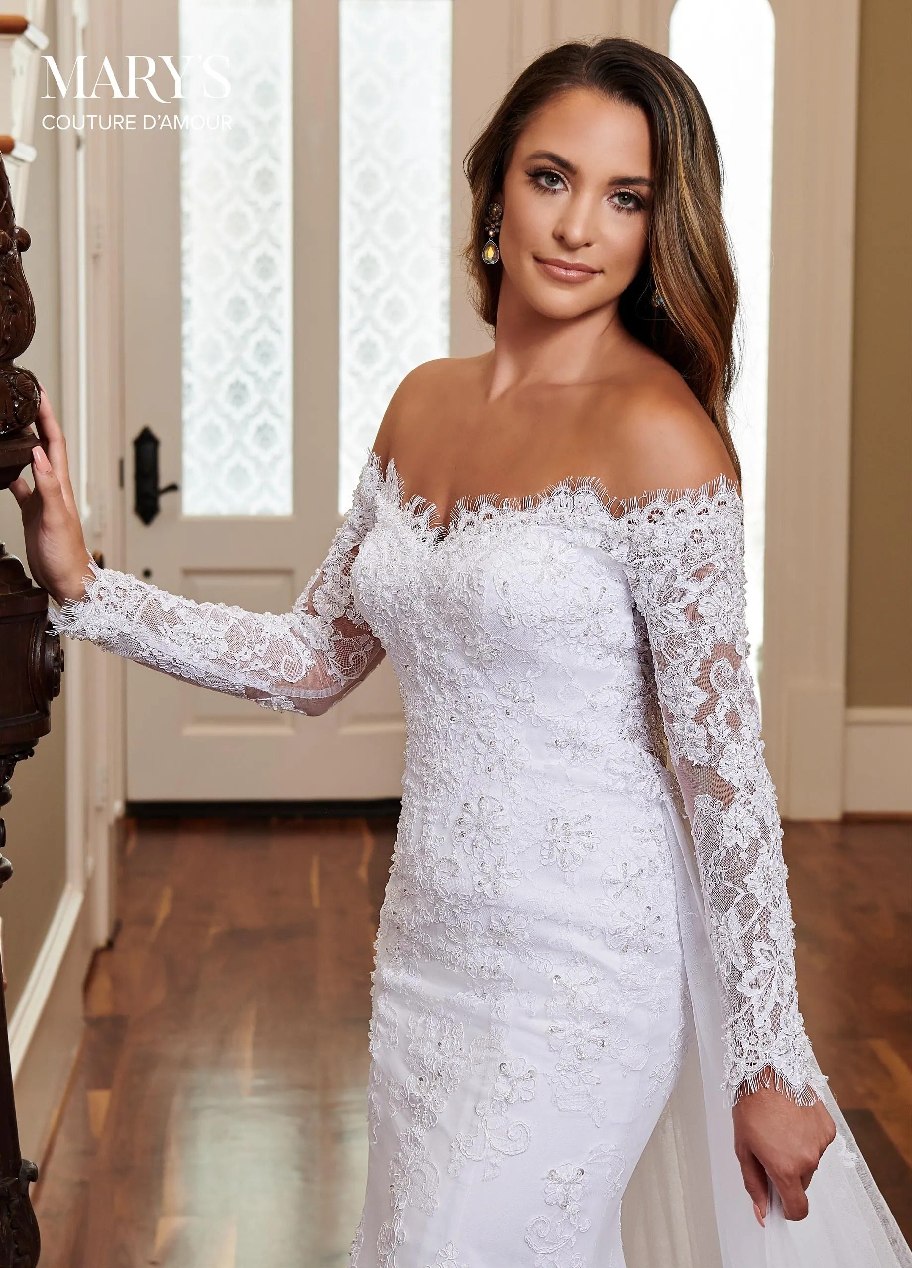 Ivory Off-the-Shoulder Floor-Length Lace Bridal Mermaid Gown with Long Sleeves Rachel Allan MB4009