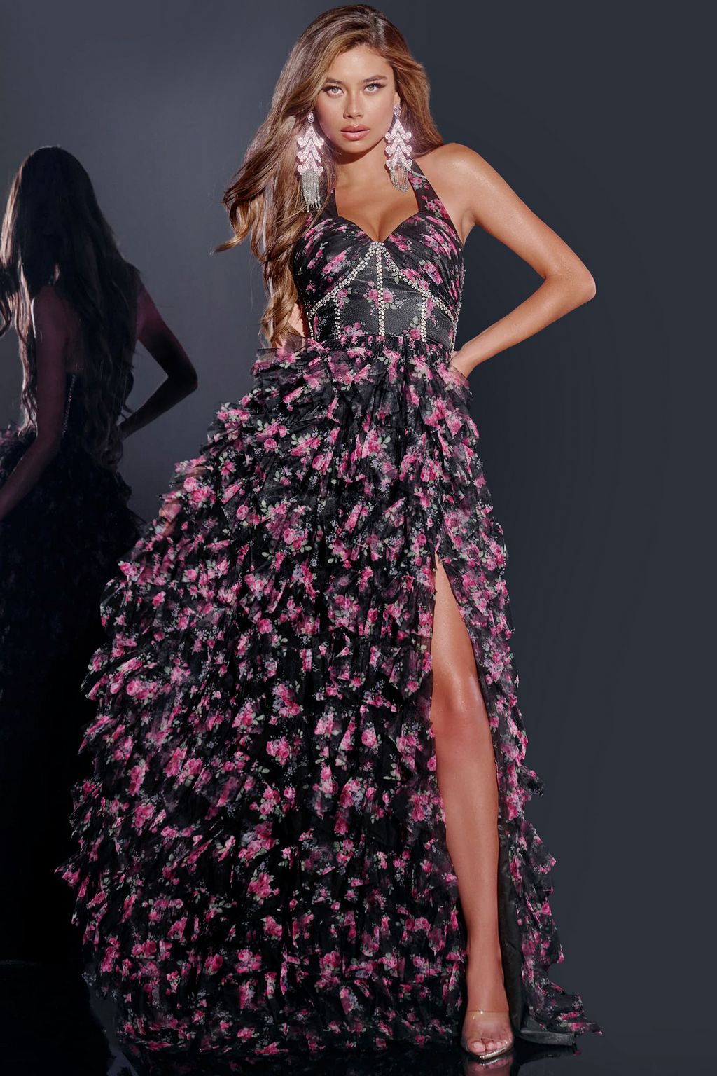 Prom Dresses A Line Long Floral Formal Prom Dress Black/Multi